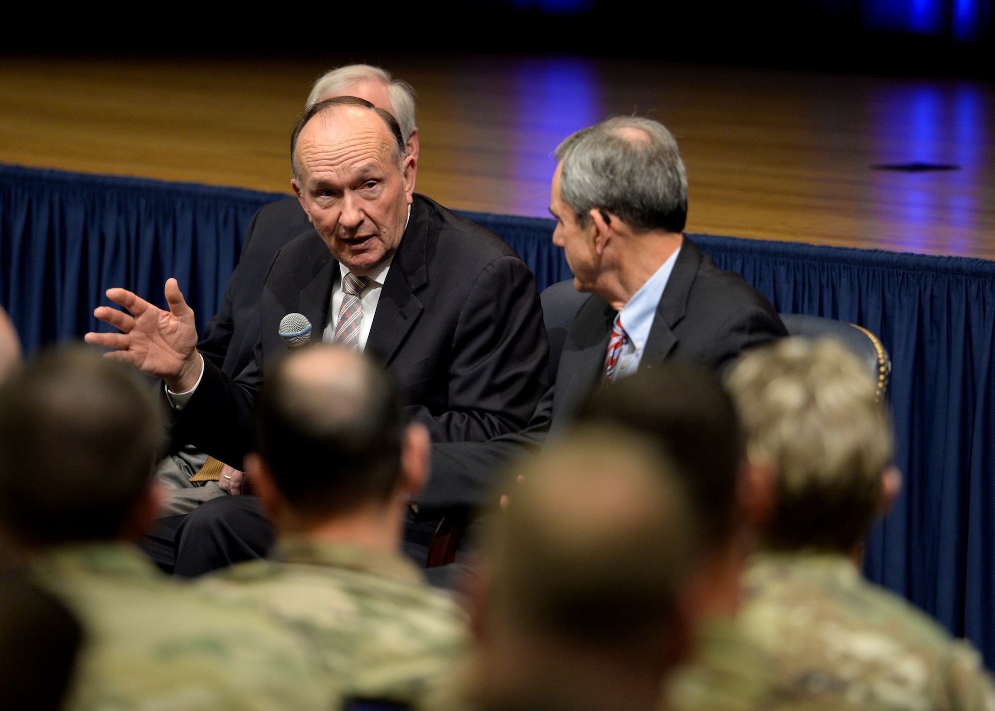 Retired Capt. Guy Gruters, a Vietnam prisoner of war who was confined with Capt. Lance P. Sijan during his final days, speaks on how Sijan changed his life during an event at the Pentagon in Arlington, Va., April 17, 2019. Sijan was the first Air Force Academy graduate to receive the Medal of Honor for his bravery and courage while evading capture and during his subsequent captivity as a prisoner of war after being shot down over Vietnam Nov. 9, 1967. (U.S. Air Force photo by Staff Sgt. Victoria H. Taylor)