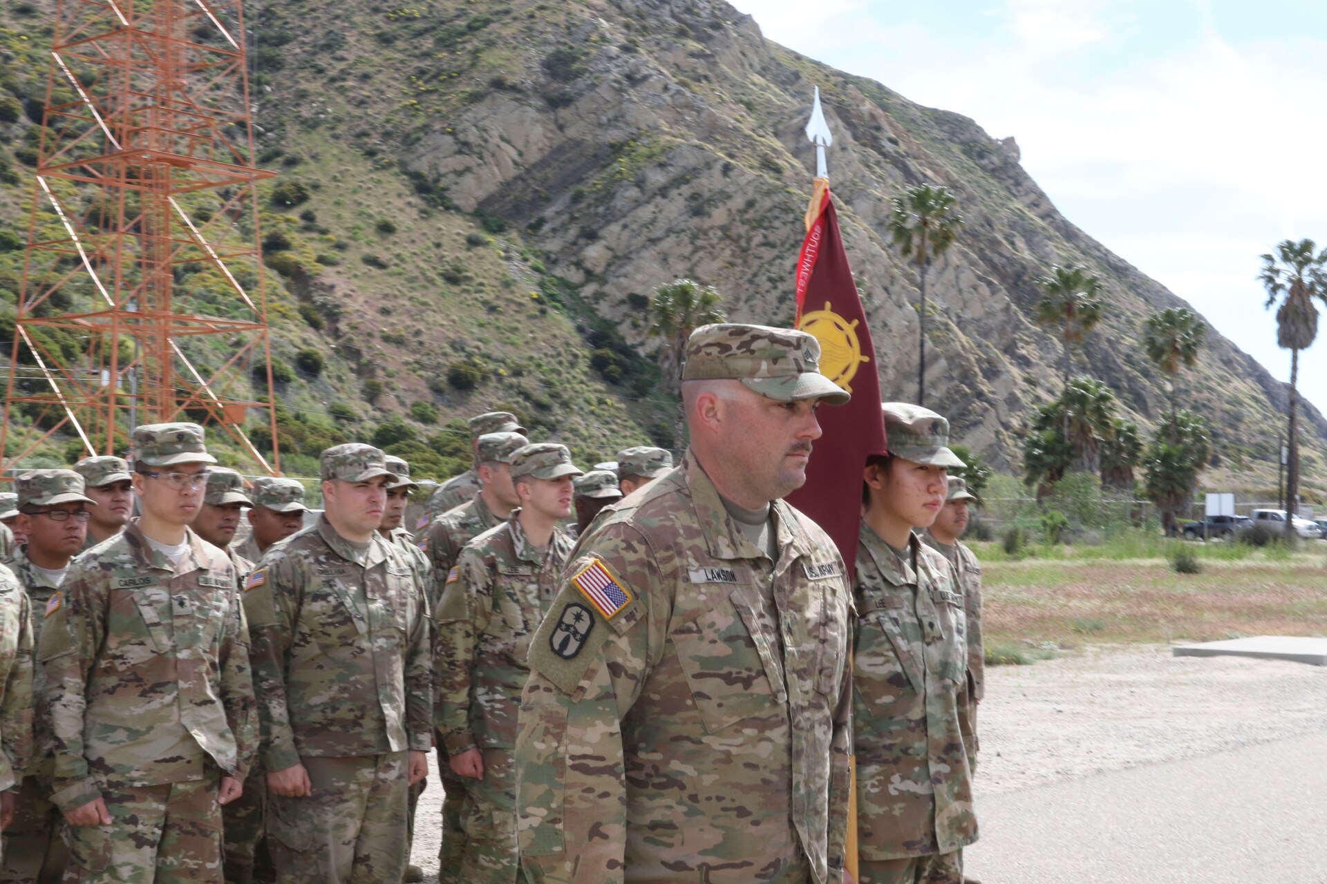 Members of the 481st Transportation (Heavy Boat) Company, 3rd Transportation Command (Expeditionary),  stand at attention on Port Hueneme, Calif.