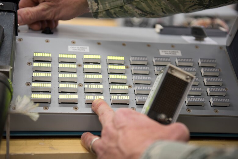 U.S. Air Force Senior Master Sgt. Mike Chandler, 142nd Maintenance Squadron out of the Portland Air National Guard, displays his avionics Electronics Systems Test Station (ESTS) cable tester that he designed. Chandler’s invention reduces a two hours task to a 30 second task, saving time, money and enhancing readiness.