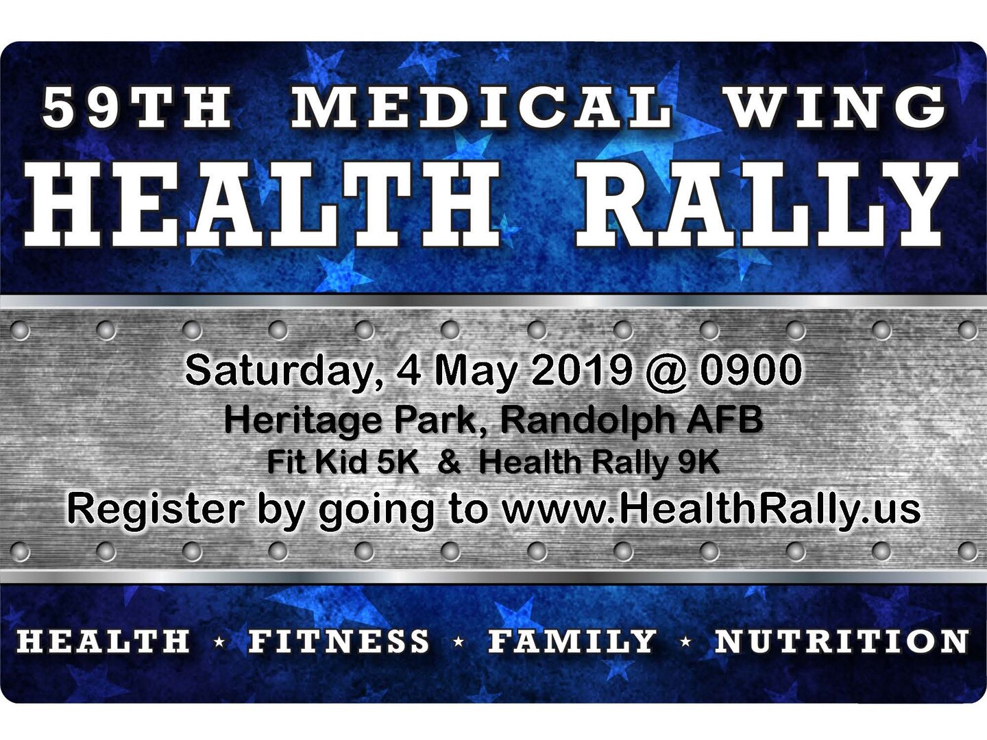 The 59th Medical Wing is again bringing the Joint Base San Antonio community together for a morning of fun and fitness.
The annual 59th MDW Health Rally – which features a 5K run/walk for children and adults, a competitive 9K event and a health fair – is set for 9 a.m. May 4 at Joint Base San Antonio-Randolph’s Airmen’s Heritage Park.