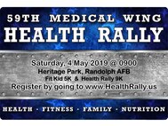 The 59th Medical Wing is again bringing the Joint Base San Antonio community together for a morning of fun and fitness.
The annual 59th MDW Health Rally – which features a 5K run/walk for children and adults, a competitive 9K event and a health fair – is set for 9 a.m. May 4 at Joint Base San Antonio-Randolph’s Airmen’s Heritage Park.
