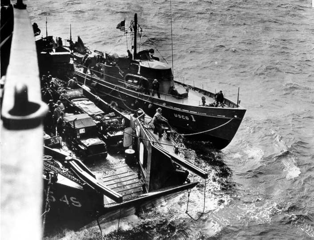 83-foot Coast Guard cutter USCG 1 off Omaha Beach on the morning of D-Day.