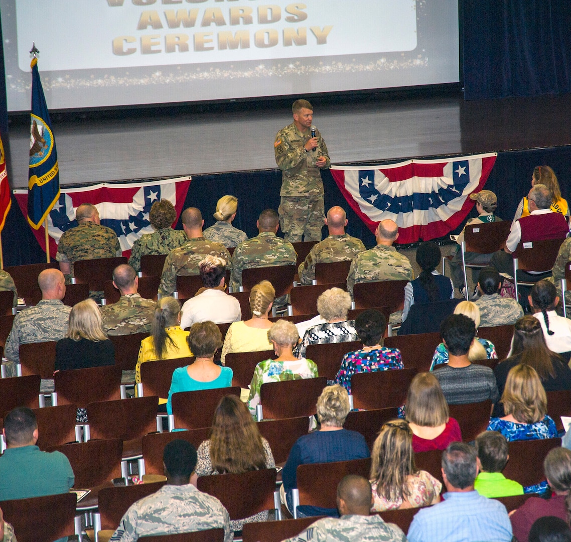 Lt. Gen. Jeffrey Buchanan, U.S. Army North (Fifth Army) commanding general, speaks to the audience at the annual Volunteer of the Year Awards Ceremony April 17 at the JBSA-Fort Sam Houston Military & Family Readiness Center.