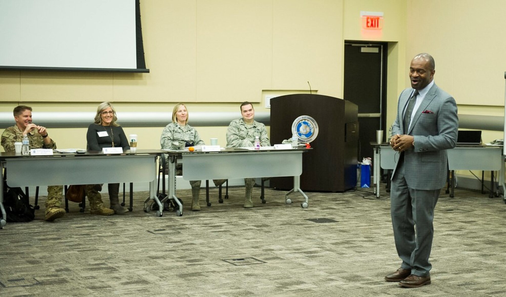 DeMaurice F. Smith, NFL Players Association executive director, answers questions during the 2019 AFDW Squadron Commanders Course at Joint Base Andrews, Md., April 17, 2019. (U.S. Air Force photo by Master Sgt. Michael B. Keller)