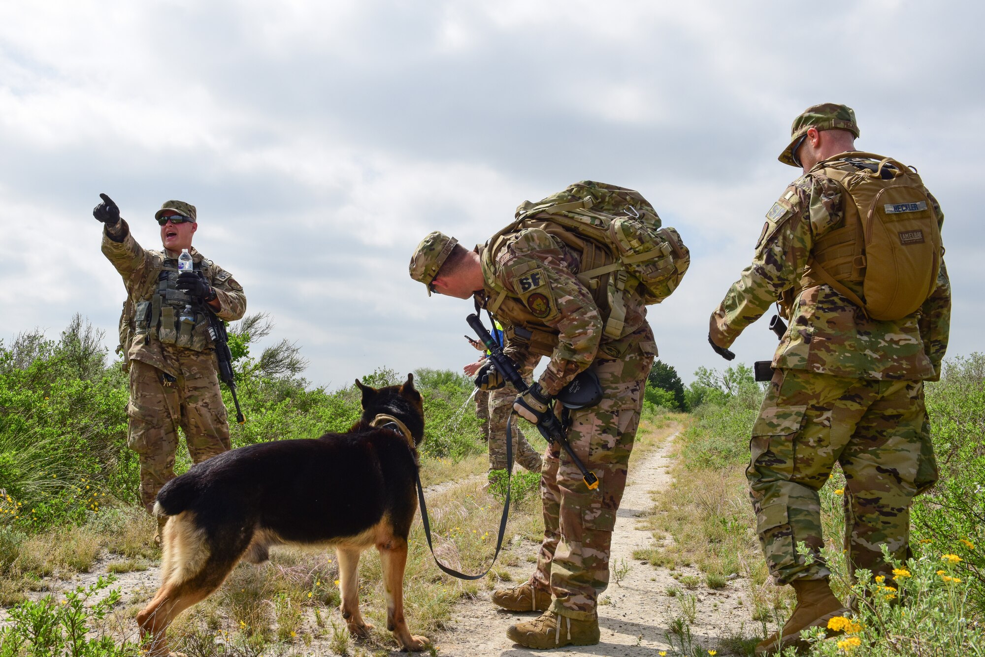 Military working dog handlers with the 47th Security Forces Squadron, regroup after an engagement with simulated opposing forces during an exercise at Laughlin Air Force Base, Texas, April 17, 2019. The 47th SFS changed up the tempo with an exercise that challenged their tactics, teamwork and physical fitness as they were put head to head with a simulated opposing force. (U.S. Air Force photo by Senior Airman Benjamin N. Valmoja)
