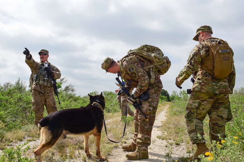 Military working dog handlers with the 47th Security Forces Squadron, regroup after an engagement with simulated opposing forces during an exercise at Laughlin Air Force Base, Texas, April 17, 2019. The 47th SFS changed up the tempo with an exercise that challenged their tactics, teamwork and physical fitness as they were put head to head with a simulated opposing force. (U.S. Air Force photo by Senior Airman Benjamin N. Valmoja)