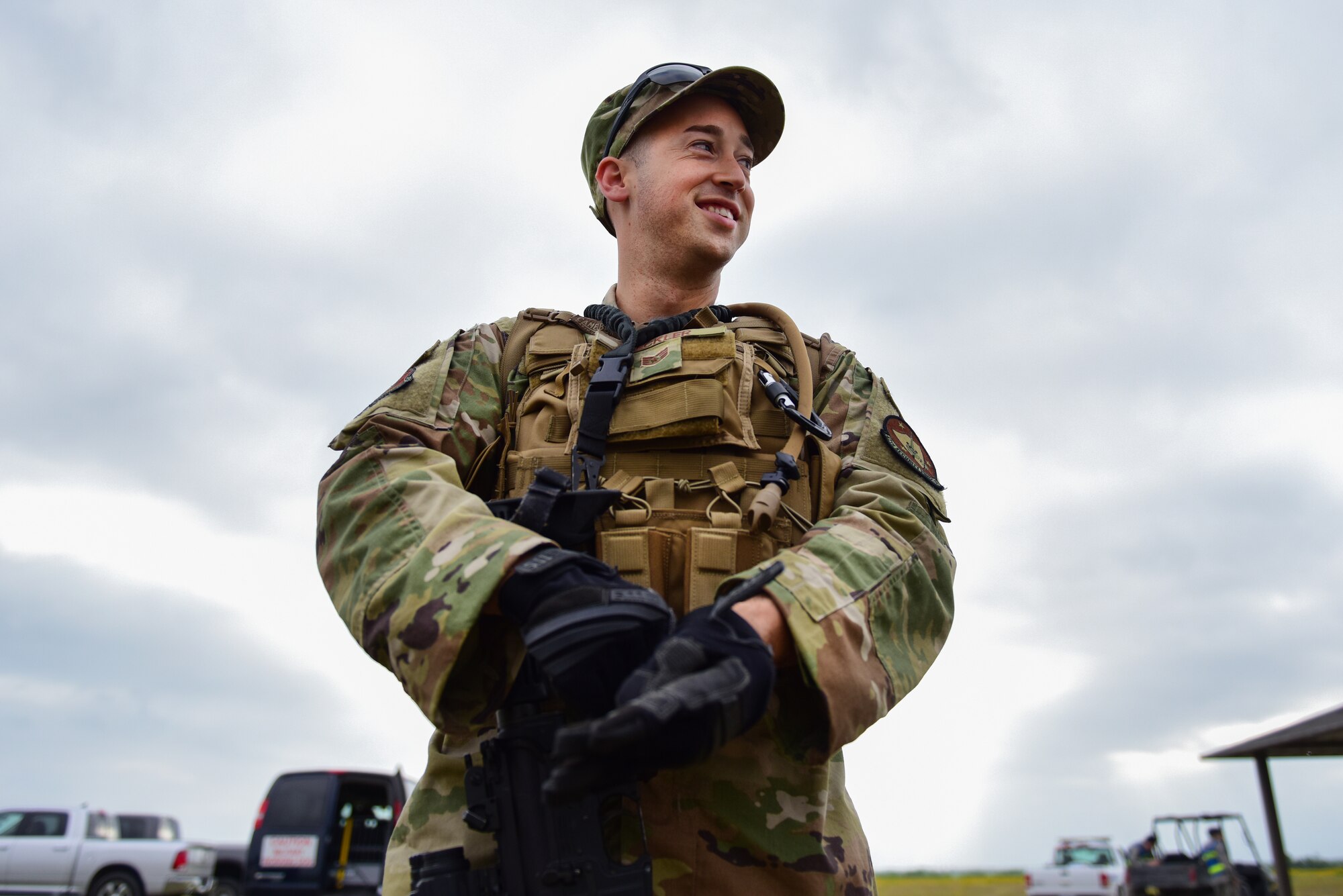 Staff Sgt. Nicholas Heckler, 47th Security Forces Squadron military working dog handler, prepares for a long day in the field at Laughlin Air Force Base, Texas, April 17, 2019. The 47th SFS changed up the tempo with an exercise that challenged their tactics, teamwork and physical fitness as they were put head to head with a simulated opposing force. (U.S. Air Force photo by Senior Airman Benjamin N. Valmoja)