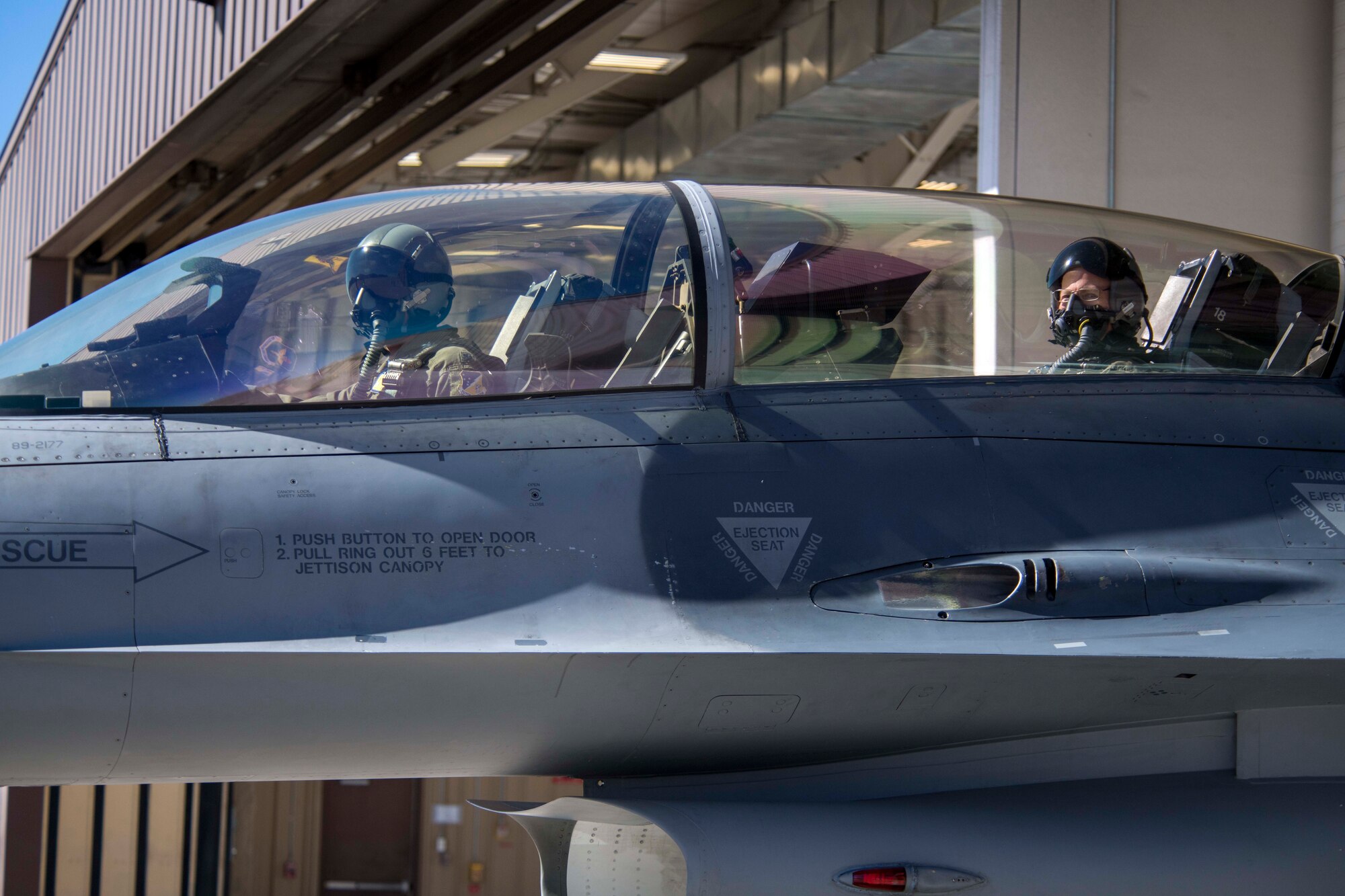 U.S. Army Brig. Gen. Gregory Brady, White Sands Missile Range commander, rides in the back seat of an F-16 Fighting Falcon during a familiarization flight, April 19, 2019, on Holloman Air Force Base, N.M. During his visit, Brady gained a better understanding of the Holloman mission and the capabilities of the F-16. (U.S. Air Force photo by Staff Sgt. Christine Groening)
