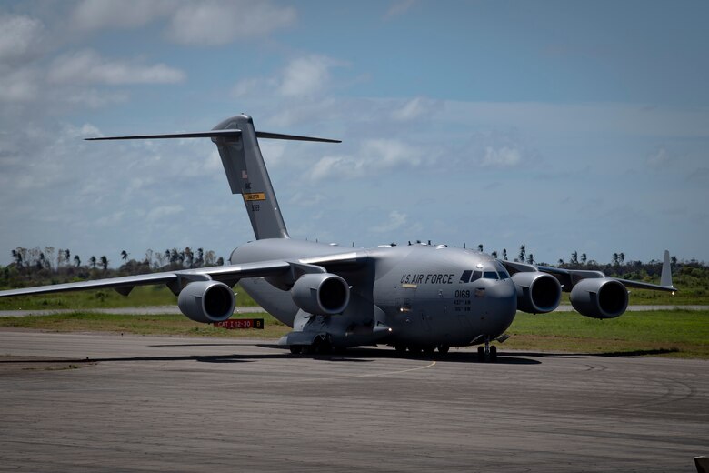 A U.S. Air Force C-17 Globemaster III assigned to Joint Base Charleston, Charleston, South Carolina, supporting Combined Joint Task Force-Horn of Africa, taxis into position in Beira, Mozambique, April 6, 2019. The task force is helping meet requirements identified by U.S. Agency for International Development (USAID) assessment teams and humanitarian organizations working in the region by providing logistics support and manpower to USAID at the request of the Government of the Republic of Mozambique. (U.S. Air Force Photo by Tech. Sgt. Chris Hibben)