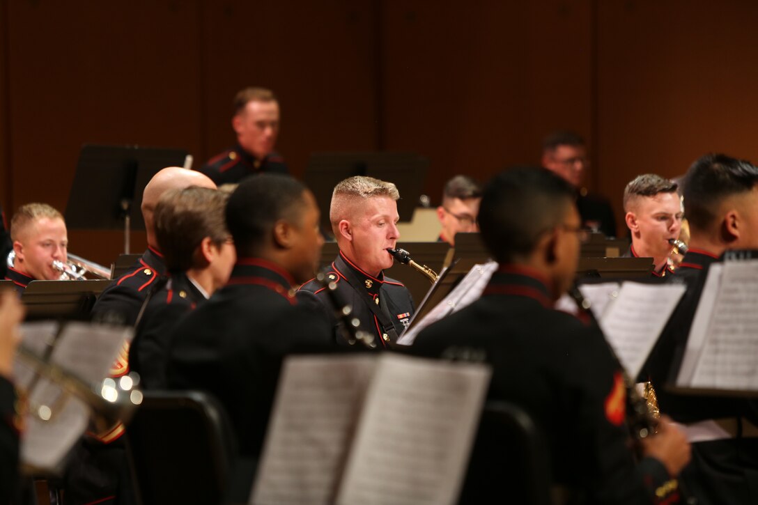 Corporal Trent Larson, a musician with Marine Band San Diego, performs at Huntington North High School during a tour of the Midwest. The band is consists of 50 Marines, with each musician playing in multiple other ensembles. The band performs every Friday at Marine Corps Recruit Depot San Diego, California when they are not on tour. (Official U.S. Marine Corps photo by Sgt Calvin Hilt)