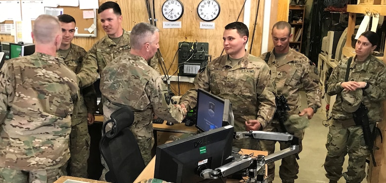 The Regimental Senior Leaders meet with members of the 801 Engineer Company and the 315th Engineer Battalion, who provide general engineering support to USFOR-A.