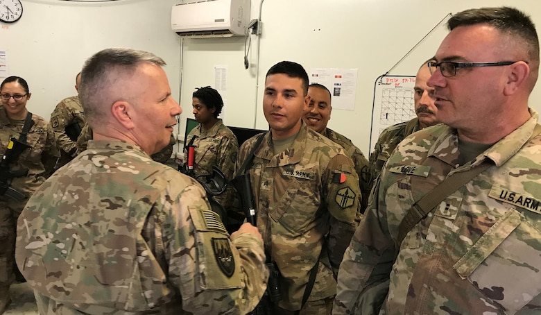 The Regimental Senior Leaders meet with members of the 801 Engineer Company and the 315th Engineer Battalion, who provide general engineering support to USFOR-A.