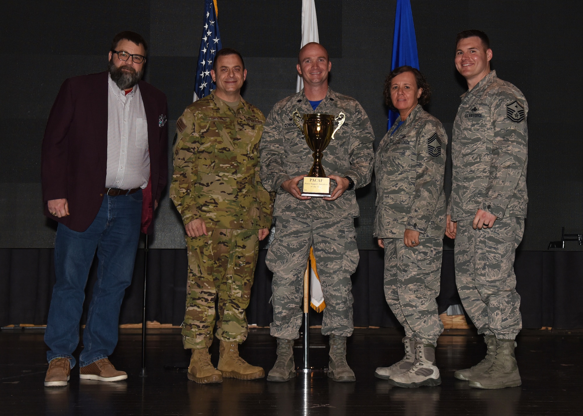 The 51st Force Support Squadron was presented the 2018 Pacific Air Forces FSS of the year award at Osan Air Base, Republic of Korea, April 5, 2019. The squadron received the award for their impact on quality of life for all service members, DoD civilians and their families at Osan. (U.S. Air Force photo by Staff Sgt. Sergio A. Gamboa)