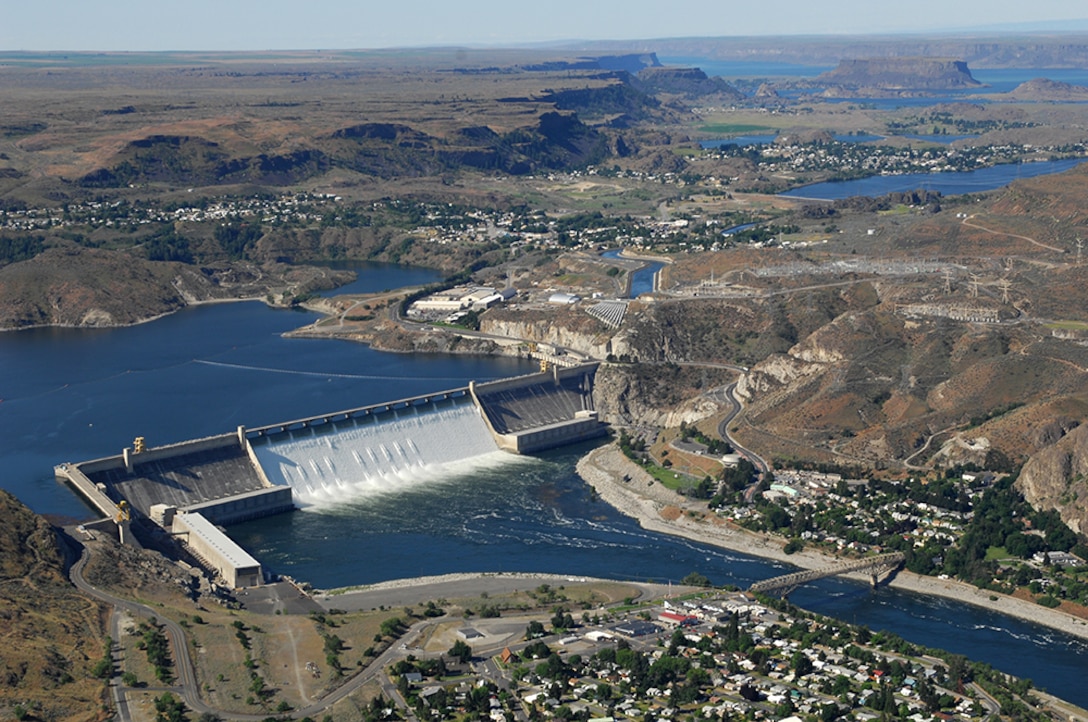 Grand Coulee Dam includes three major hydroelectric power generating plants (named Third, Left, and Right) and the John W. Keys III Pump-Generating Plant. The facilities provide power generation, irrigation, flood risk management, and streamflow regulation for fish migration. Additional incidental benefits include providing flows for navigation and recreation. Grand Coulee Dam is the main feature of the Columbia Basin Project.