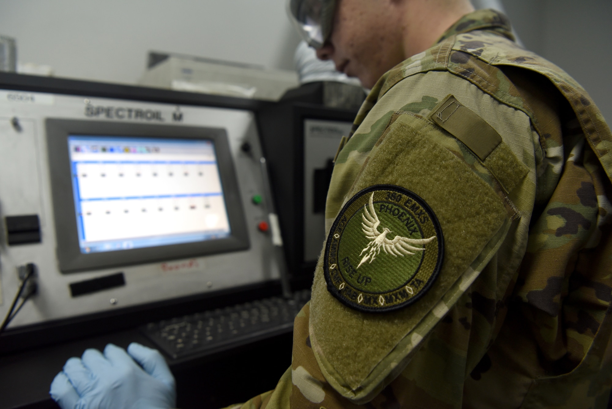 Senior Airman Jared Allen, 380th Expeditionary Maintenance Squadron Nondestructive Inspection journeyman, completes the cleanup of the spectrometer after running a Joint Oil Analysis Program, April 12, 2019, on Al Dhafra Air Base, United Arab Emirates.