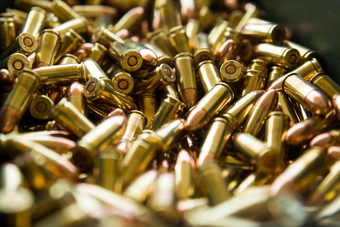 9 mm ammunition sits inside an ammunition canister during a live fire range at Camp Hansen, Okinawa, Japan, Jan. 10, 2019.