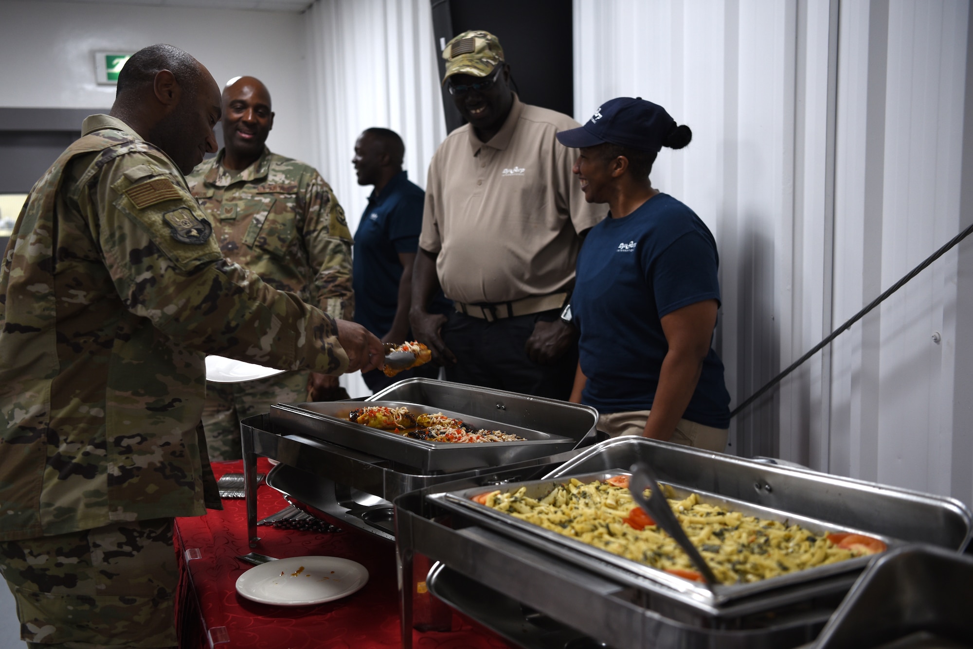 The 380th Expeditionary Force Support Squadron provides a taste testing of new vegetarian options during a Food Forum at the Oasis dining facility April 16, 2019, at Al Dhafra Air Base, United Arab Emirates.