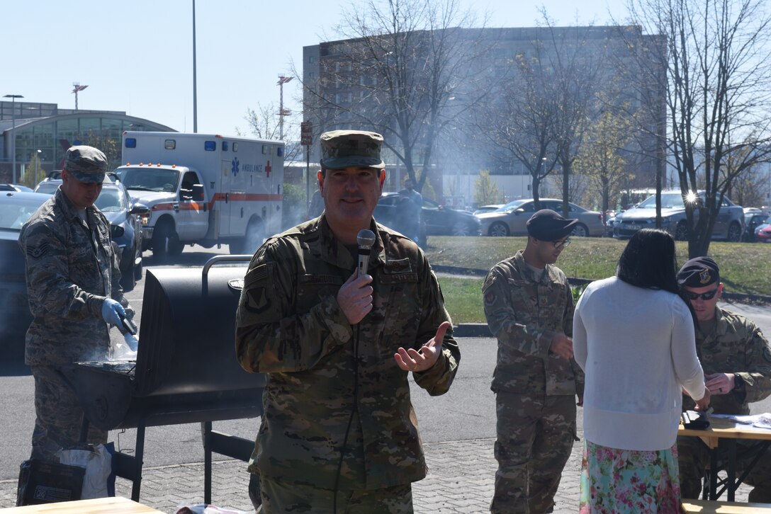 U.S. Air Force Brig. Gen. Mark R. August, 86th Airlift Wing commander, speaks to members of the Kaiserslautern Military Community about the Air Force Assistance Fund April 18, 2019 on Ramstein Air Base, Germany. The Air Force Assistance Fund is implemented to support Airmen and their families in need. (U.S. Air Force photo by Airman 1st Class Kaylea Berry)