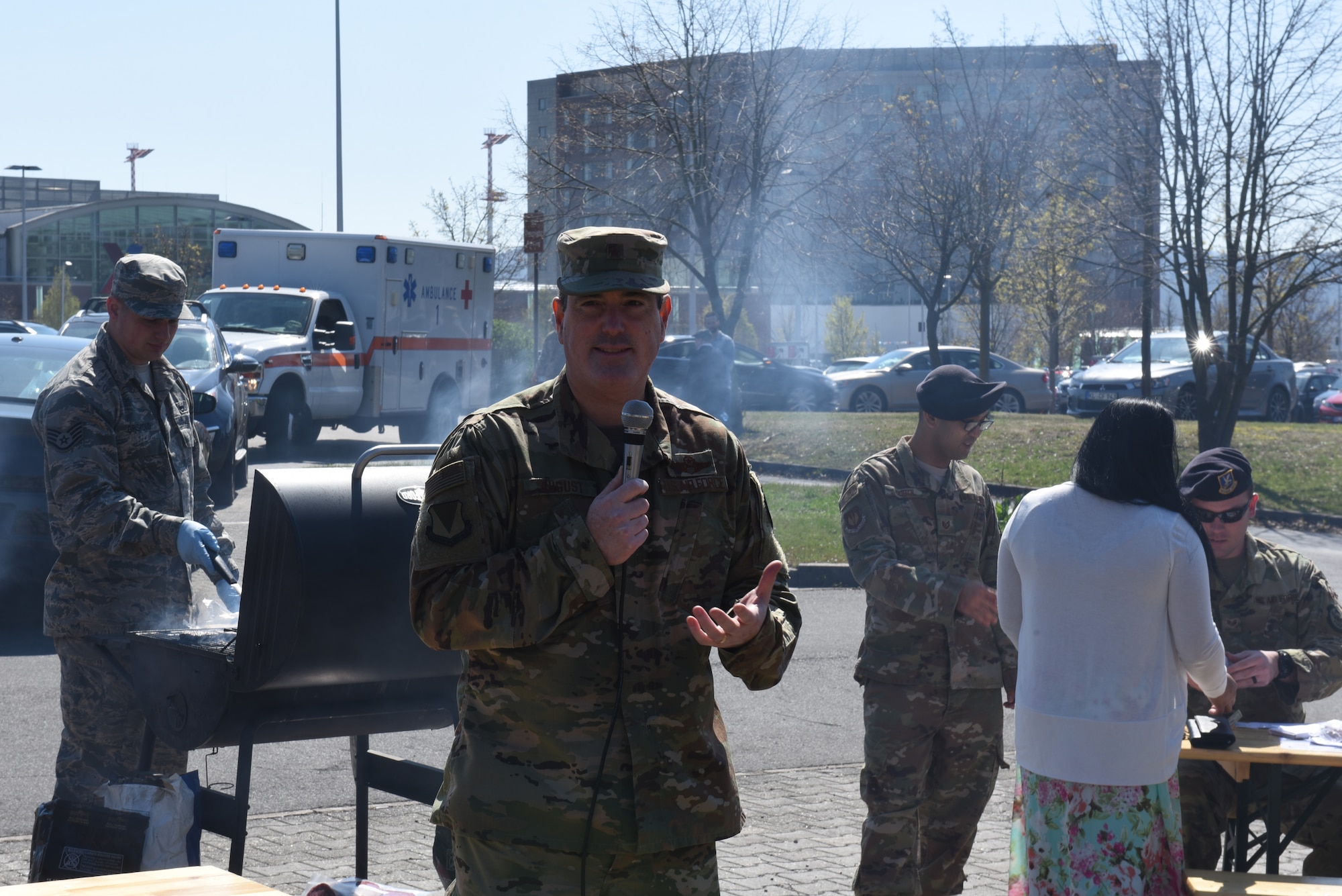 U.S. Air Force Brig. Gen. Mark R. August, 86th Airlift Wing commander, speaks to members of the Kaiserslautern Military Community about the Air Force Assistance Fund April 18, 2019 on Ramstein Air Base, Germany. The Air Force Assistance Fund is implemented to support Airmen and their families in need. (U.S. Air Force photo by Airman 1st Class Kaylea Berry)