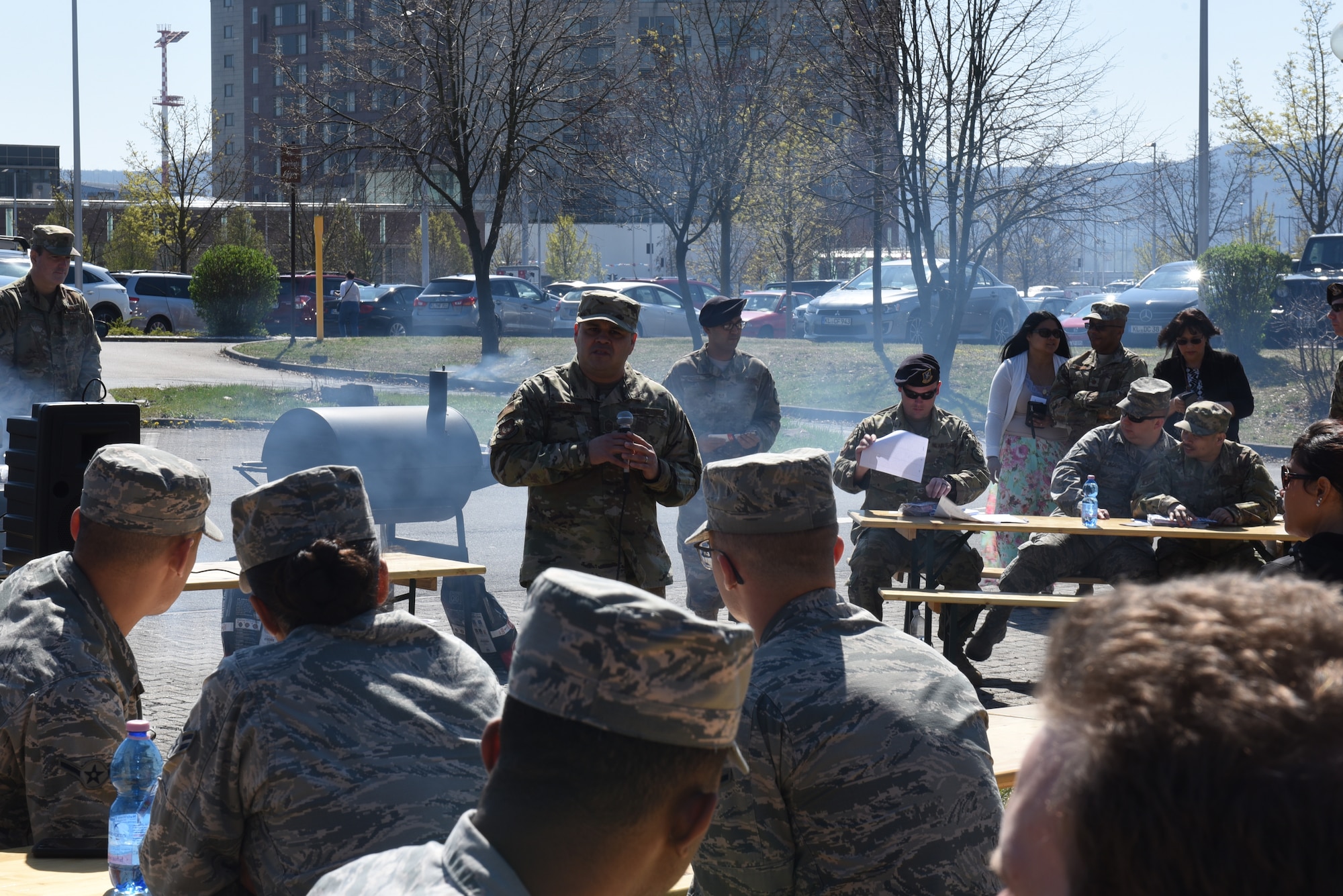 U.S. Air Force Chief Master Sgt. Ernesto Rendon, 86th Airlift Wing command chief, speaks to members of the Kaiserslautern Military Community about the Air Force Assistance Fund April 18, 2019 on Ramstein Air Base, Germany. The AFAF campaign provides us the opportunity to donate to four distinct charities; the Air Force Aid Society, the General and Mrs. Curtis E. Lemay Foundation, the Air Force Village, and the Air Force Enlisted Village. (U.S. Air Force photo by Airman 1st Class Kaylea Berry)