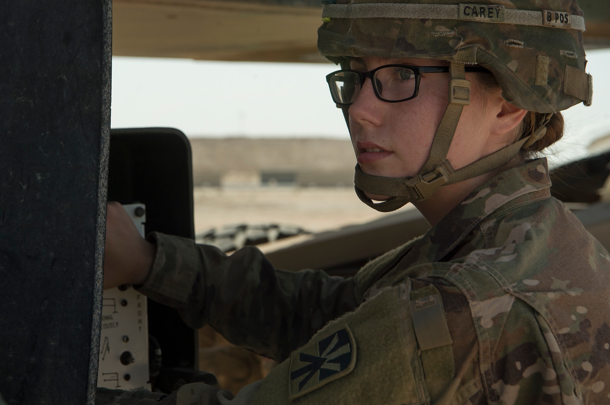 U.S. Army Pfc. Abbigail Carey, Charlie Company, 1st Battalion, 43rd Air Defense Artillery (ADA) Battalion, 11th ADA Brigade patriot missile maintainer and operator, performs patriot missile readiness drills at Al Udeid Air Base, Qatar, April 16, 2019. Soldiers of the 1-43rd ADA Battalion maintain and control the installation’s Patriot missile launchers in support of personnel and operations at Al Udeid. (U.S. Air Force photo by Tech. Sgt. Christopher Hubenthal)