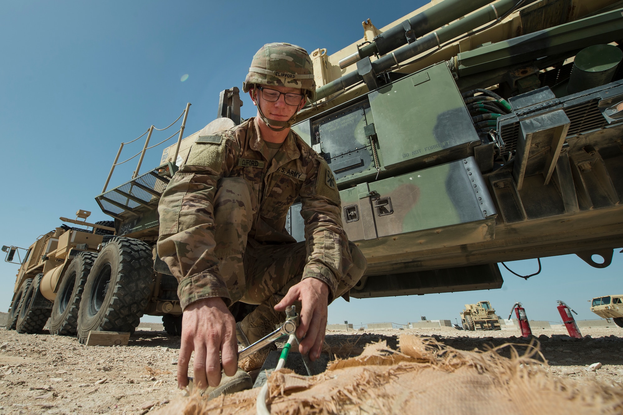 U.S. Army Pvt. Bridger Clifford, Charlie Company, 1st Battalion, 43rd Air Defense Artillery (ADA) Battalion, 11th ADA Brigade patriot missile maintainer and operator, performs patriot missile readiness drills at Al Udeid Air Base, Qatar, April 16, 2019. Soldiers of the 1-43rd ADA Battalion provide the installation with an air defense capability, protecting personnel, assets and operations here from potential air threats. (U.S. Air Force photo by Tech. Sgt. Christopher Hubenthal)