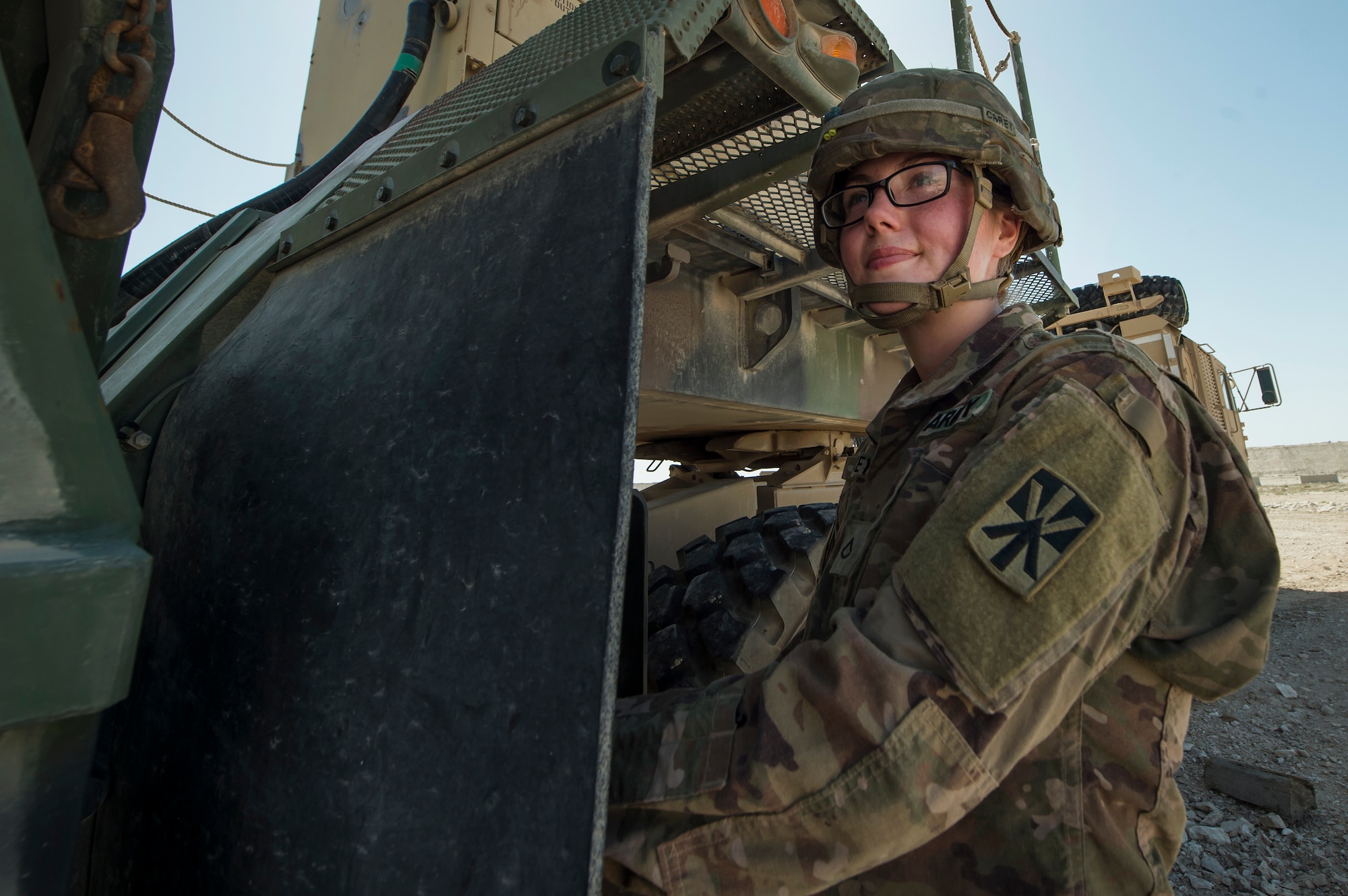 U.S. Army Pfc. Abbigail Carey, Charlie Company, 1st Battalion, 43rd Air Defense Artillery (ADA) Battalion, 11th ADA Brigade patriot missile maintainer and operator, performs patriot missile readiness drills at Al Udeid Air Base, Qatar, April 16, 2019. Soldiers of the 1-43rd ADA Battalion provide the installation with an air defense capability, protecting personnel, assets and operations here from potential air threats. (U.S. Air Force photo by Tech. Sgt. Christopher Hubenthal)