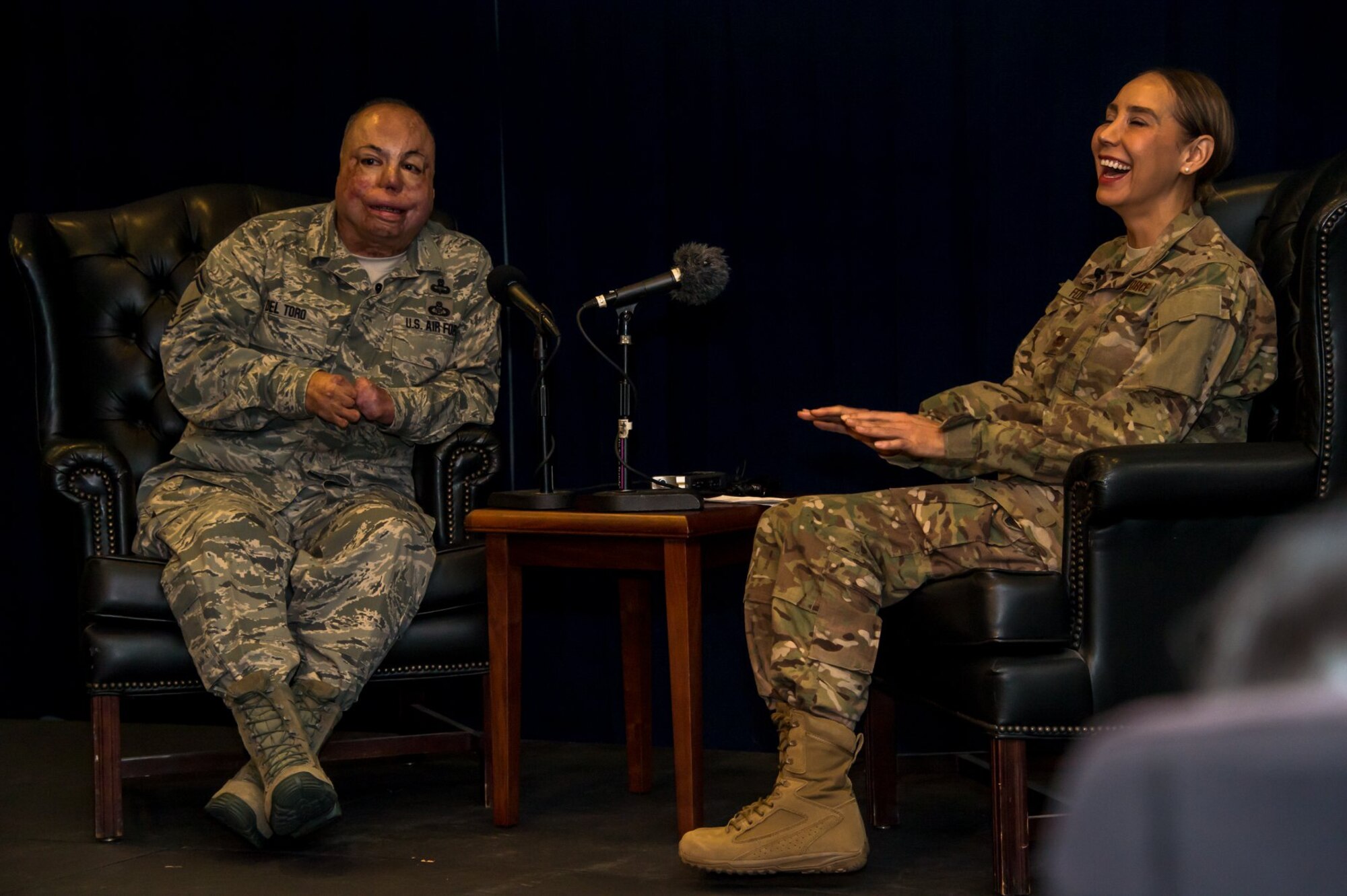 Maj. Anna Fedotova interviews Master Sgt. Israel Del Toro for her podcast, Blue Grit. The Blue Grit podcast, which is available on the Air Force Portal, features individuals with an Air Force connection who have overcome significant adversity. (U.S. Air Force photo by Van Ha)