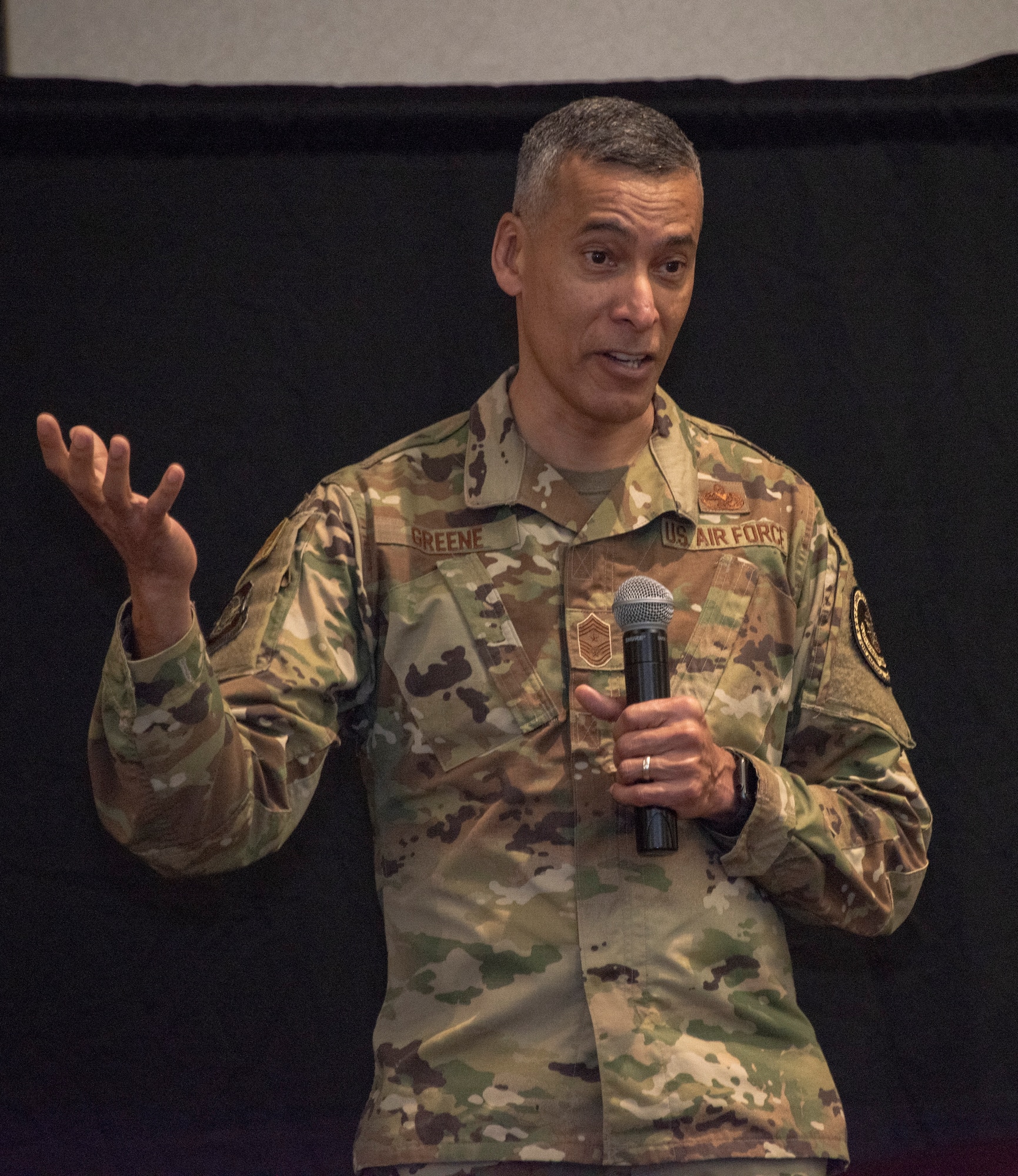U.S. Air Force Chief Master Sgt. Terrence Greene, Air Mobility Command command chief, speaks with Airmen during a Young Enlisted Maintainer Discussion forum, at Travis Air Force Base, California, April 18, 2019. During the four-day base visit Greene and Gen. Maryanne Miller, AMC commander, met with Airmen across Travis to see how the base enhances AMC’s global mobility capabilities. (U.S. Air Force photo by Heide Couch)