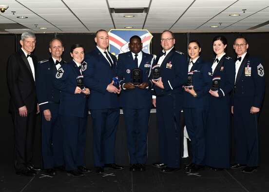 Award winners pose for a photo at the 910th Airlift Wing annual awards banquet here, April 6, 2019.