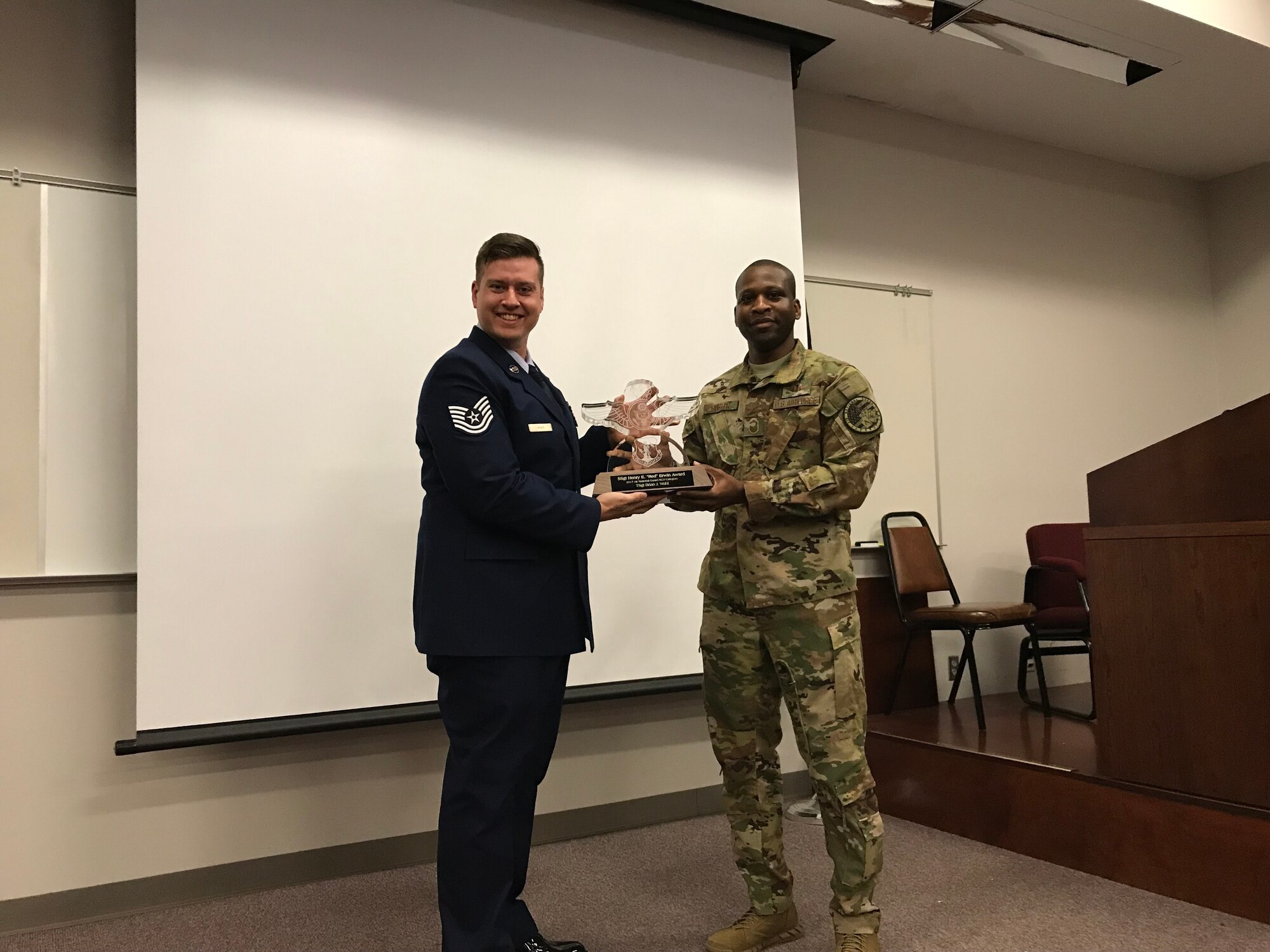 U.S. Air Force Tech. Sgt. Brian Wahl, 156th Airlift Squadron loadmaster, was awarded the prestigious Red Erwin Award for when he was deployed to Afghanistan in 2017 and served as an air advisor for the Afghanistan Air Force airdrop program.