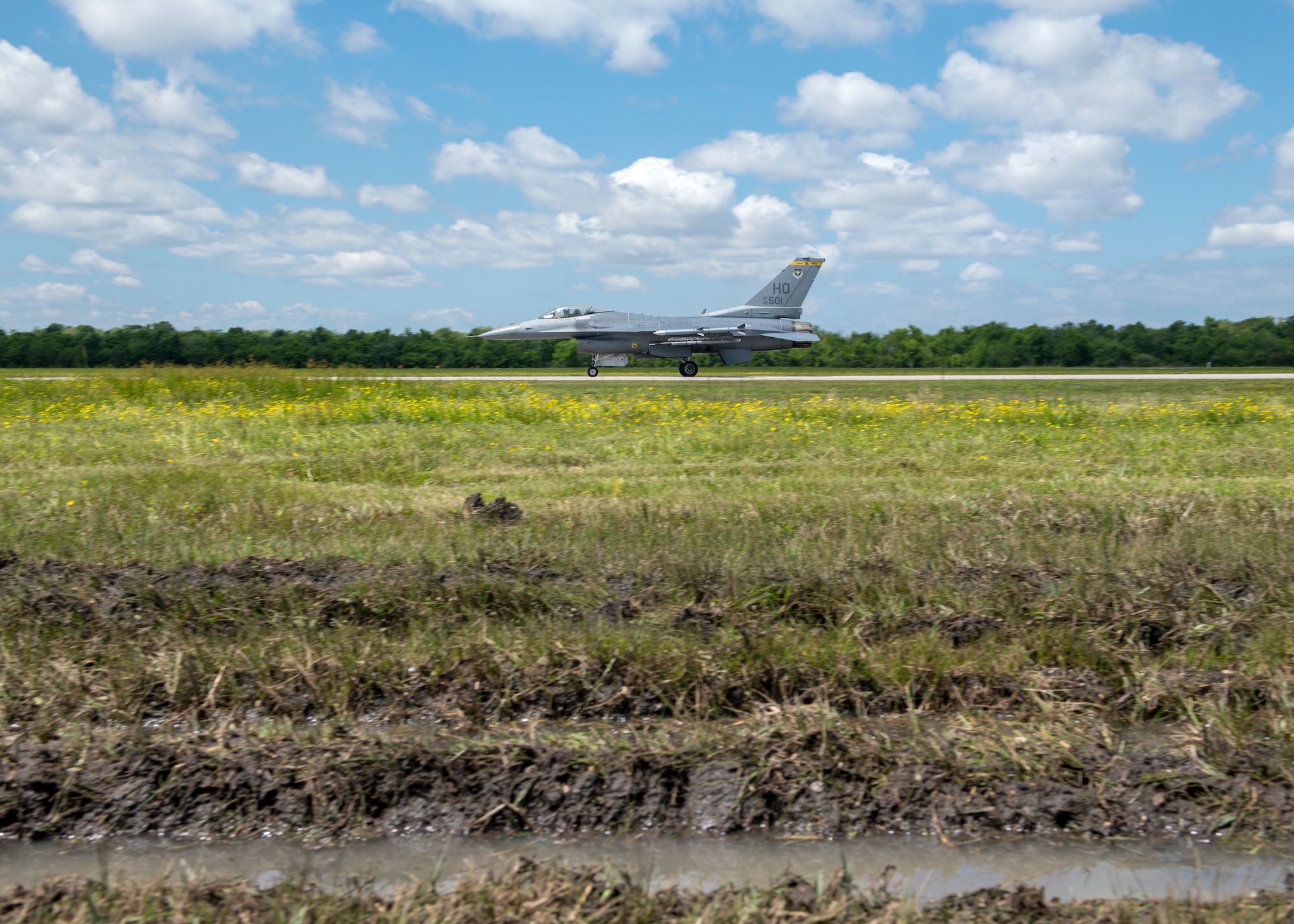 An 8th Fighter Squadron F-16 Fighting Falcon taxis down the runway, April 9, 2019, on Naval Air Station Joint Reserve Base New Orleans, La. During the temporary duty assignment, Viper pilots participated in dissimilar aircraft training and close air support exercises. (U.S. Air Force photo by Airman 1st Class Kindra Stewart)