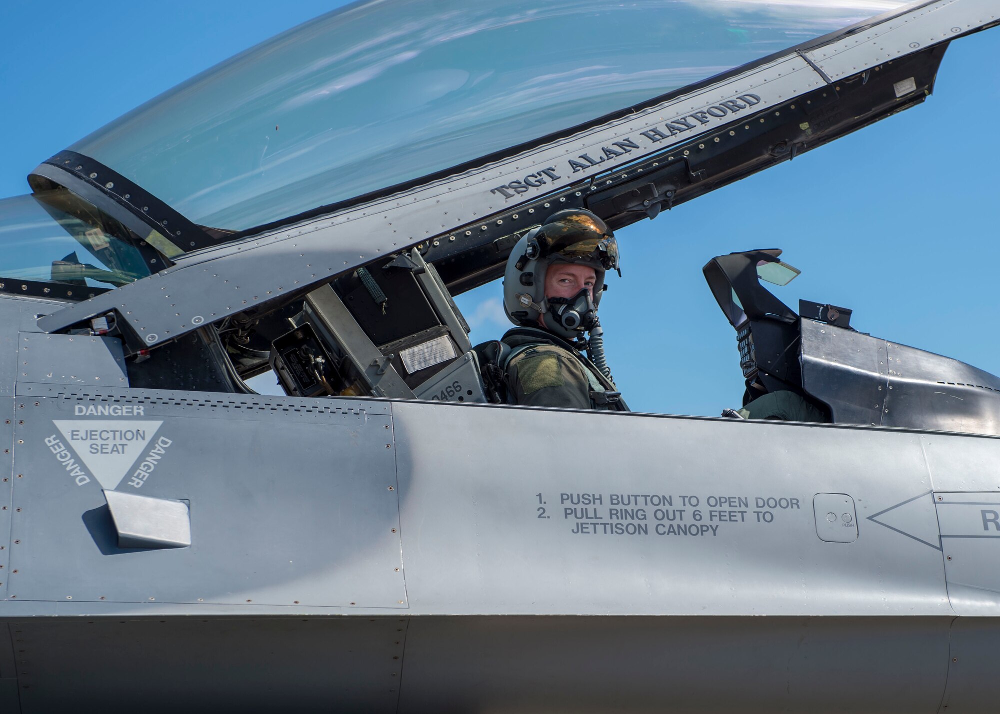 U.S. Air Force Capt. Nicholas Atkins, 8th Fighter Squadron F-16 Basic-Course student pilot, poses for a photo after a flight, April 9, 2019, on Naval Air Station Joint Reserve Base New Orleans, La. Flying over open water was one of the experiences the students had the opportunity to do while they were on  the temporary duty assignment to NAS JRB New Orleans. (U.S. Air Force photo by Airman 1st Class Kindra Stewart)