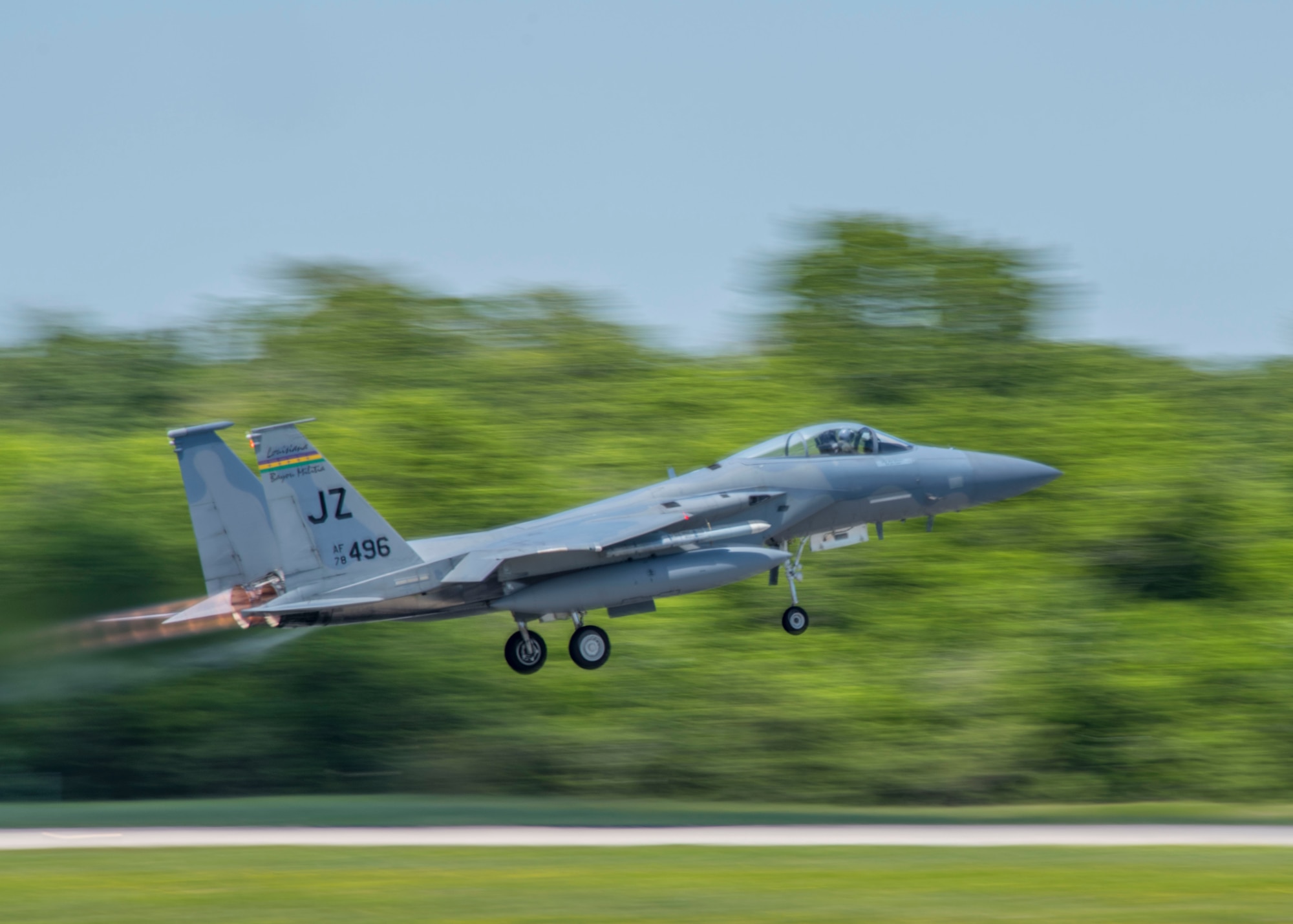 An F-15 Eagle from the Louisiana National Guard's 159th Fighter Wing takes off down the runway, April 10, 2019, on Naval Air Station Joint Reserve Base New Orleans, La. Lt. Col. Mark Sletten, 8th FS commander, said the unit set up simulated combat scenarios so the student pilots could practice working as a team with another unit. (U.S. Air Force photo by Airman 1st Class Kindra Stewart)