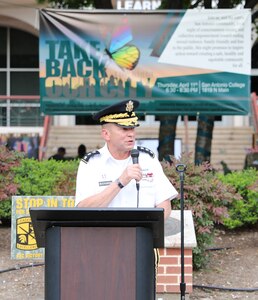 Lt. Gen. Jeffrey Buchanan, Army North (Fifth Army) commanding general, provides the keynote address at the "Take Back Our City/Night" event at San Antonio College April 11. He stressed the importance of partnerships between the military and universities to help end to sexual violence. The event was part of Sexual Assault Awareness and Prevention Month at Joint Base San Antonio.