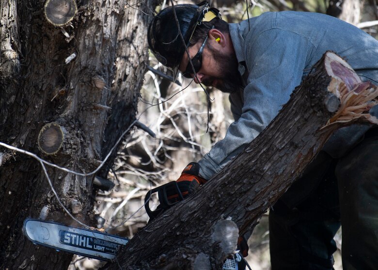Greg Valdez, Kirtland’s assistant wildland fire module leader masticates overgrowth with a chainsaw in the forest areas of Kirtland Air Force Base, N.M. April 16, 2019. Kirtland is conducting a multi-step wildfire prevention project spanning across 16,000 acres of its eastern-most remote forest area. (U.S. Air Force photo by Staff Sgt. J.D. Strong II)