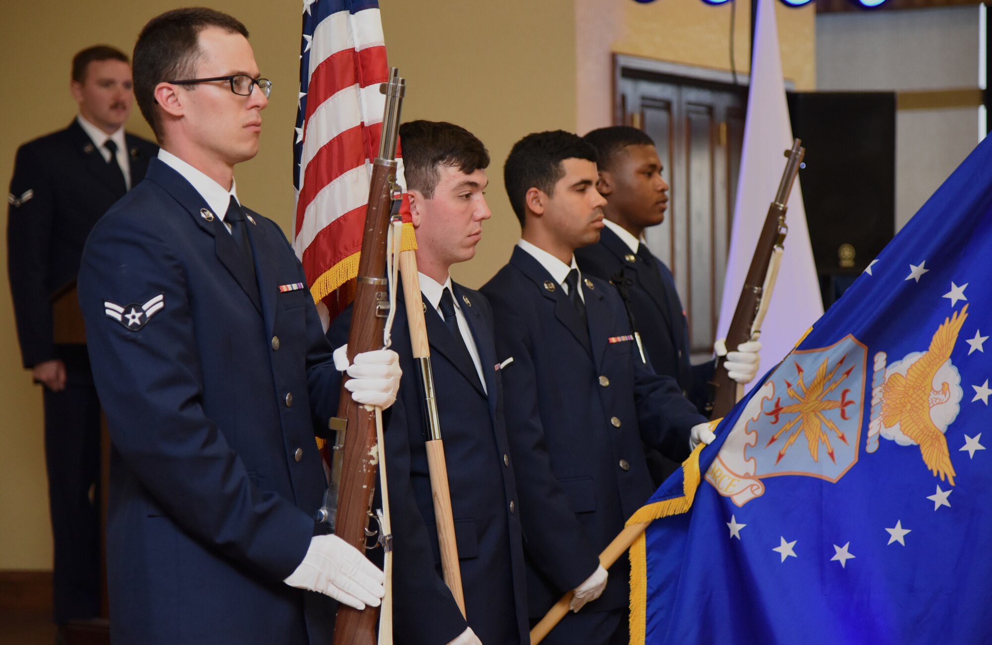 Airmen in the 81st Training Group present the colors during the Airmen In Training Ball at the Bay Breeze Event Center on Keesler Air Force Base, Mississippi, April 19, 2019. The event, hosted by the 81st TRG, is the first of its kind and was geared toward training Airmen on how to participate and act during a formal military ball so they can feel confident in their abilities when arriving at their follow-on locations. The Airmen served in key positions throughout the ball such as emcees, color guard, POW/MIA table ceremony, national anthem singer and the invocation. (U.S. Air Force photo by Kemberly Groue)