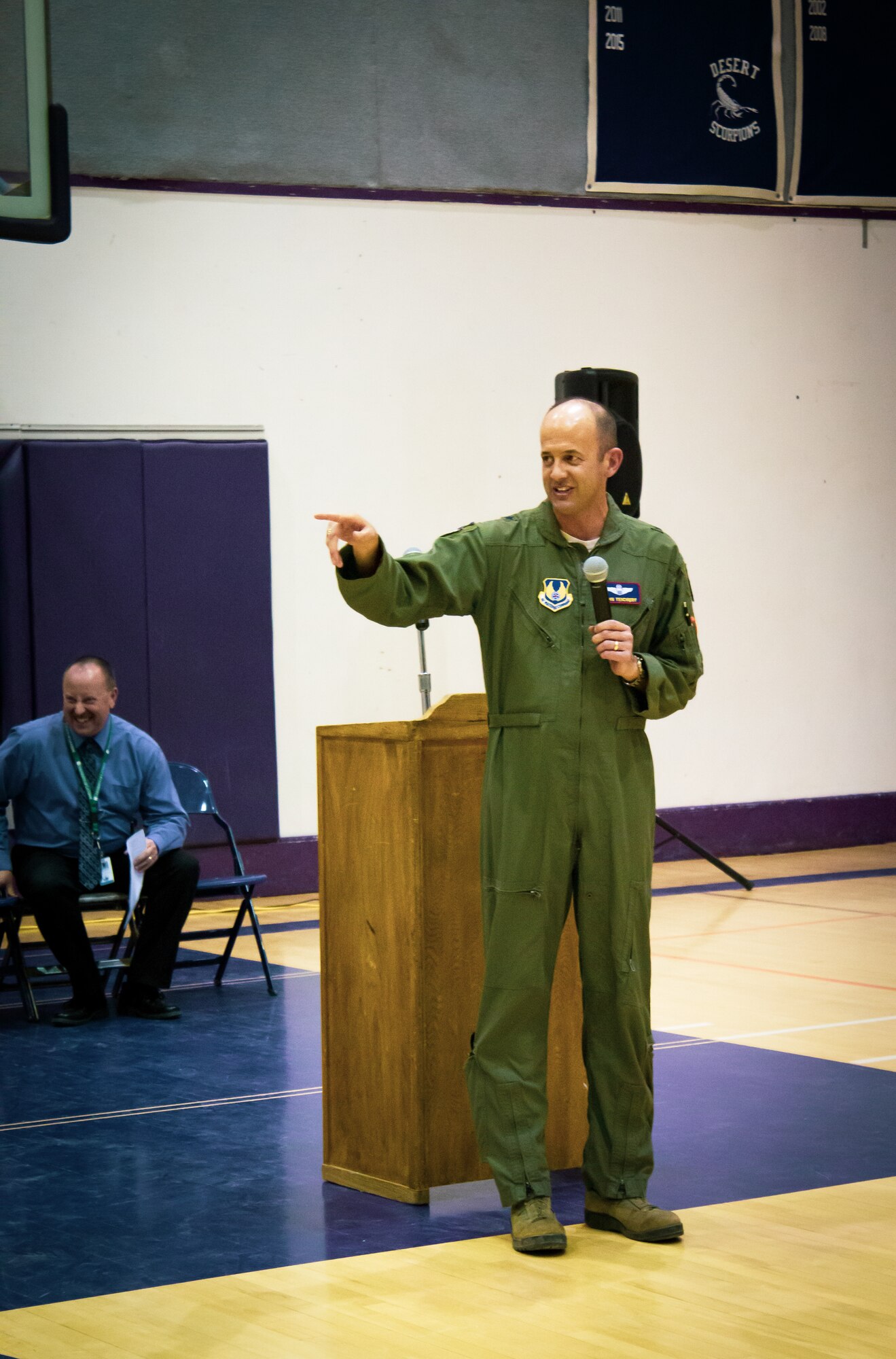 Brig. Gen. E. John Teichert, 412th Test Wing commander, addresses Desert High School students during a pep rally at Edwards Air Force Base, Calif., April 18. Teichert commemorated the Month of the Military Child by personnally thanking the students for their service and support of their parents. (U.S. Air Force photo by Jade Black)