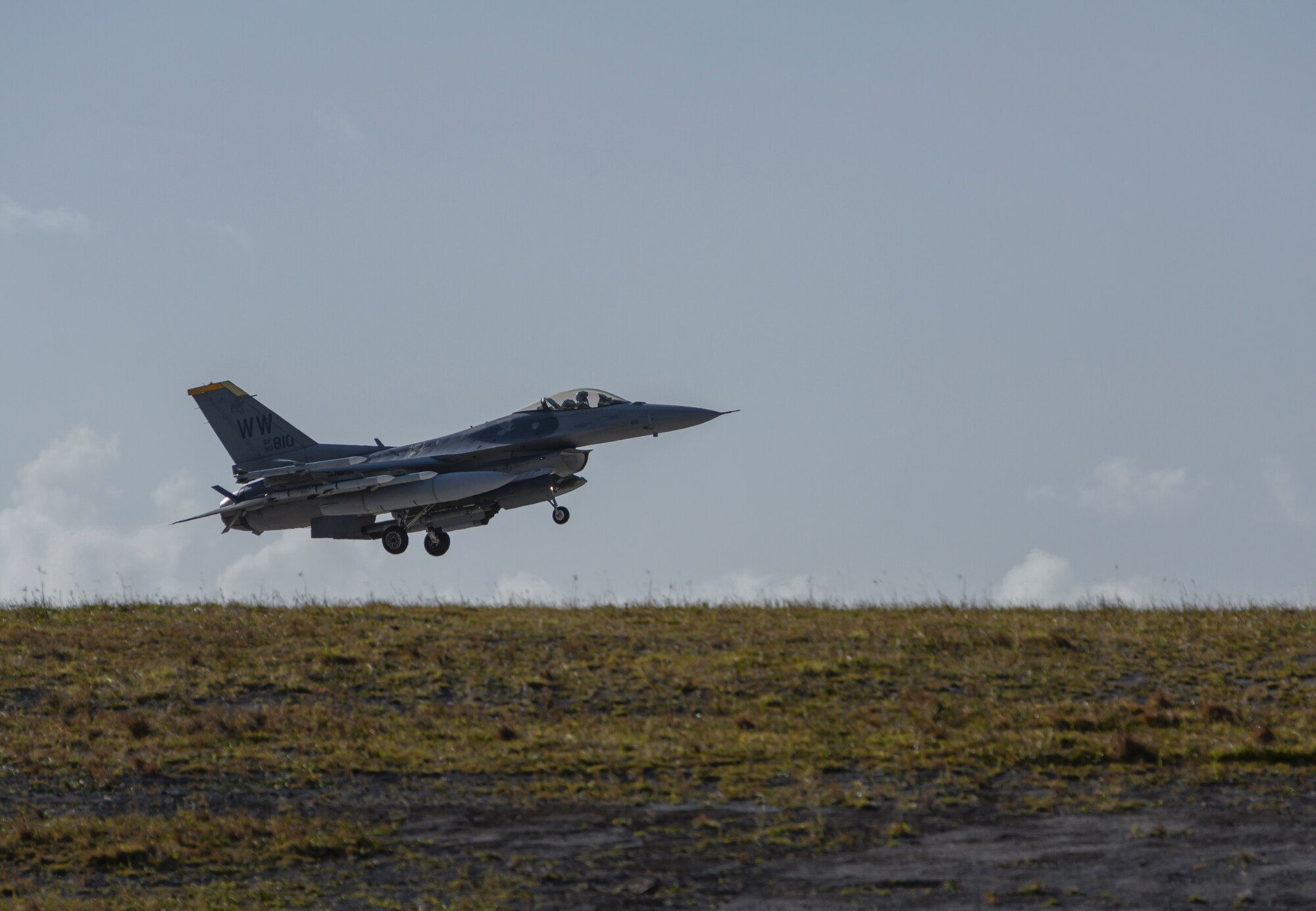 A U. S. Air Force F-16 Fighting Falcon assigned to the 35th Fighter Wing, Misawa Air Base, Japan lands at Andersen Air Force Base, Guam, April 22, 2019.