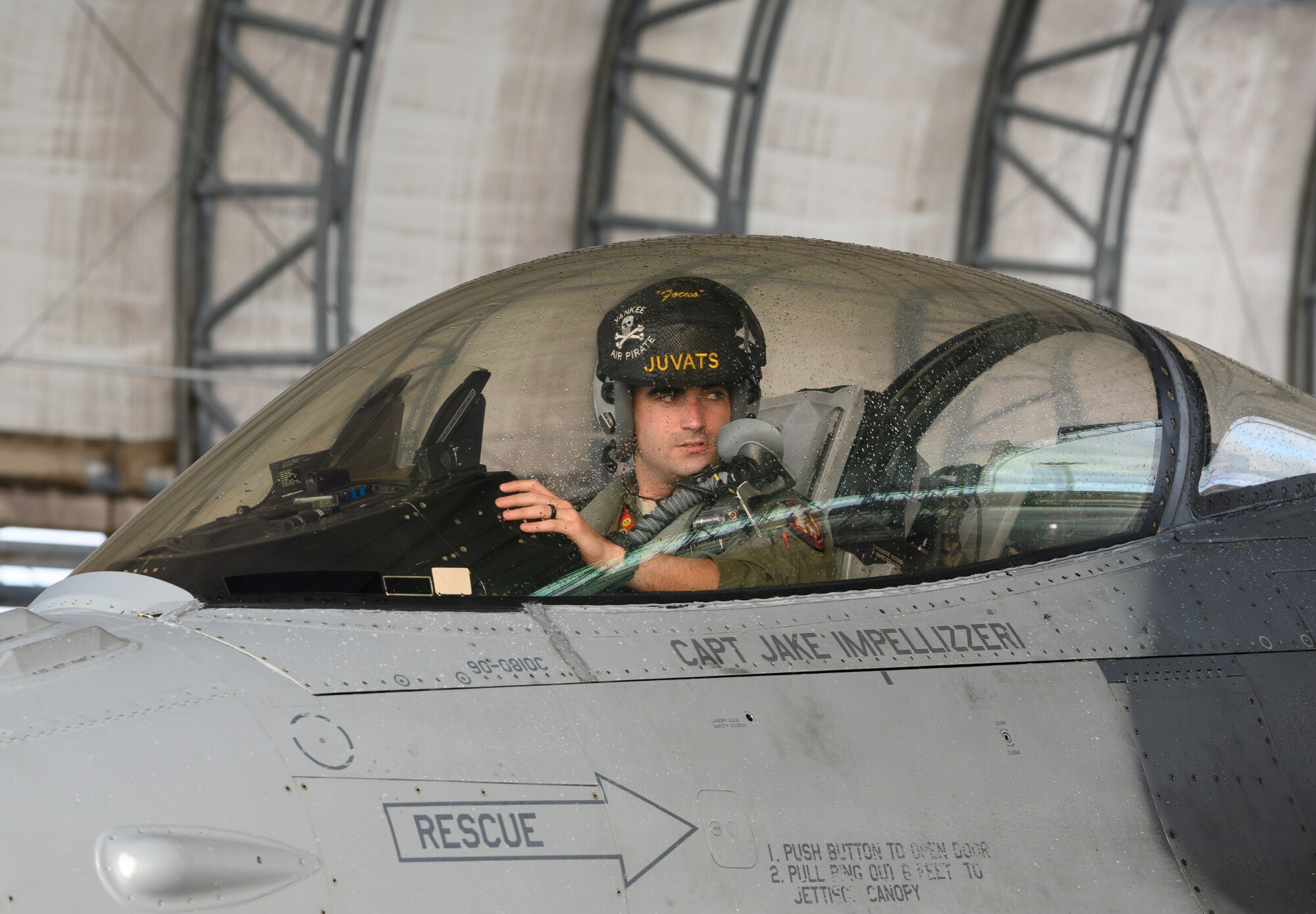 U.S. Air Force Capt. Mike Karnes, a 14th Fighter Squadron F-16 fighter pilot, parks an F-16 Fighting Falcon at Andersen Air Force Base, Guam, April 22, 2019. Misawa Air Base Airmen and aircraft deployed to Guam for Resilient Typhoon, an exercise designed to strengthen airpower dispersal capabilities within the Indo-Pacific region. (U.S. Air Force photo by Staff Sgt. Brittany A. Chase)