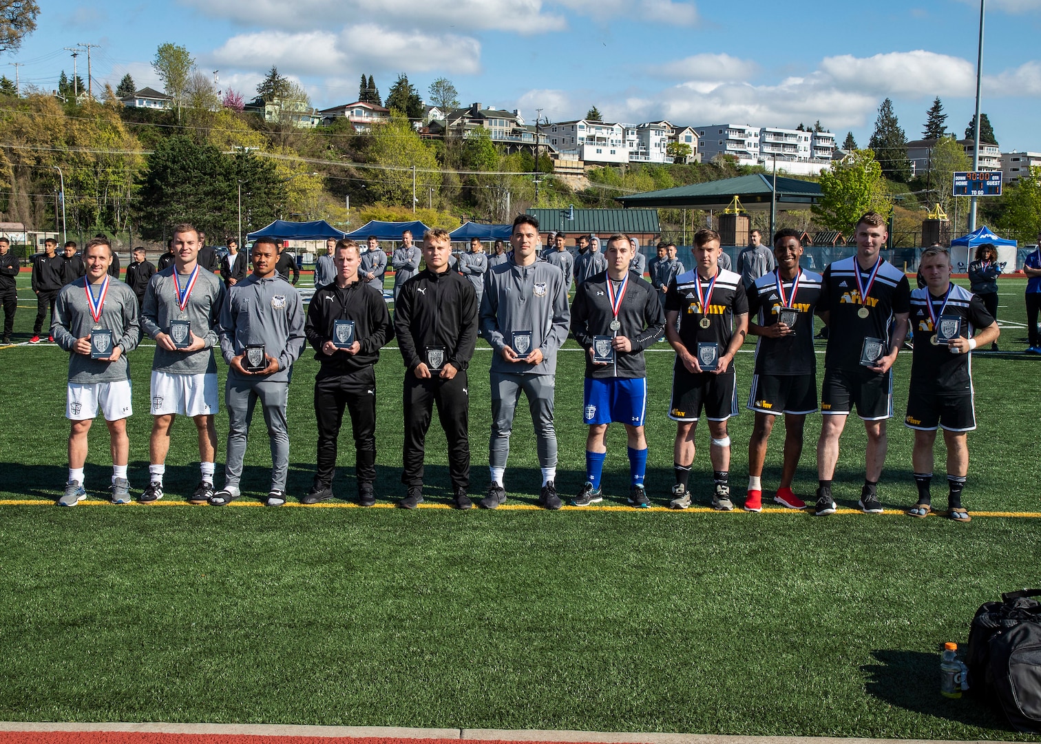 NAVAL STATION EVERETT, Wash.  (April 20, 2019) The All-Tournament Team of the 2019 Armed Forces Men's Soccer Championship held at Naval Station Everett, Wash. from 14-20 April, featuring Service members from the Army, Marine Corps, Navy (including Coast Guard) and Air Force. 
GK - SN Dylan Meeker, Naval Hospital Beaufort, SC (Navy)
Def - LTJG Alexander Maney, NS Norfolk, VA (Navy)
Def - 1LT Tanner Vosvick, Fort Hood, TX (Army)
Def - 1LT Cameron Niccum, Fort Hood, TX (Army)
Mid - Capt John Melcher, Peterson AFB CO (USAF)
Mid - 1stLt Conor Goepel, Marine Corps Base Hawaii, HI (USMC)
Mid - 1LT Alexander Clark, USAG Hawaii (Army)
Fwd - LCpl Nicholas Heath, Camp Lejeune,N.C. (USMC)
Fwd - PO2 Devonte Ecford, MCAS Yuma, AZ (Navy)
Fwd - Capt Andrew Belk, Patrick AFB FL (USAF)
Fwd - 1LT Nicholas Williams, Baumholder, Germany (Army)
(U.S. Navy photo by MC2 Ian Carver/Released)