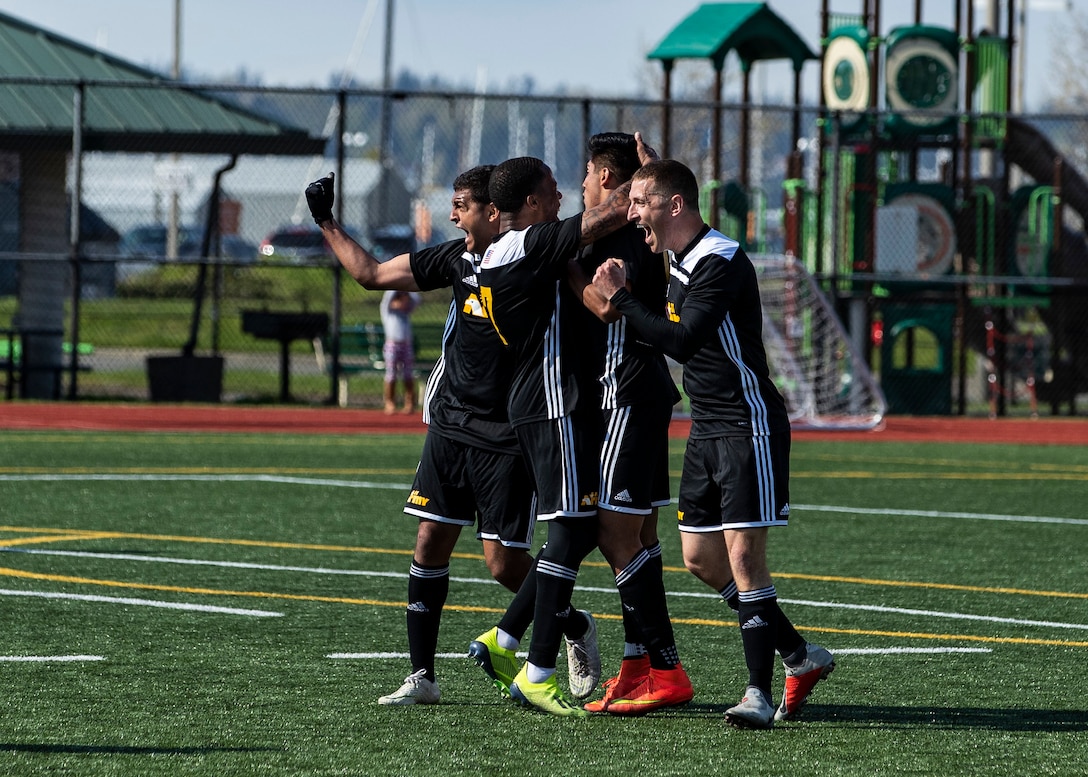 NAVAL STATION EVERETT, Wash.  (April 20, 2019) Army scores their final goal in the last possible moments of the match to win the 2019 Armed Forces Men's Soccer Championship held at Naval Station Everett, Wash. from 14-20 April, featuring Service members from the Army, Marine Corps, Navy (including Coast Guard) and Air Force. (U.S. Navy photo by MC2 Ian Carver/Released)