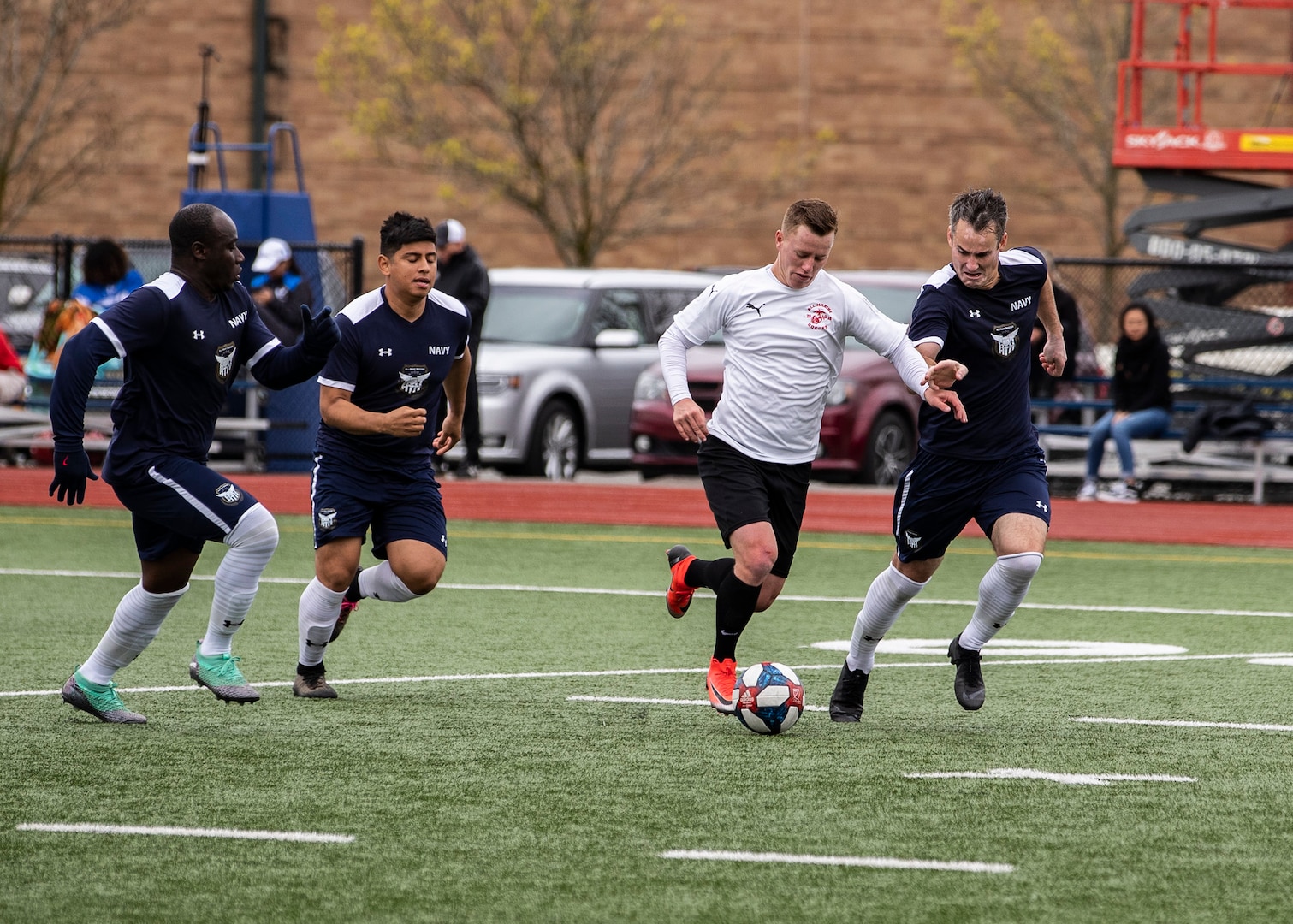 NAVAL STATION EVERETT, Wash.  (April 20, 2019) Marine Lance Corporal Nicholas Heath of Camp Lejeuene led the competition with five goals of the 2019 Armed Forces Men's Soccer Championship held at Naval Station Everett, Wash. from 14-20 April, featuring Service members from the Army, Marine Corps, Navy (including Coast Guard) and Air Force. (U.S. Navy photo by MC2 Ian Carver/Released)