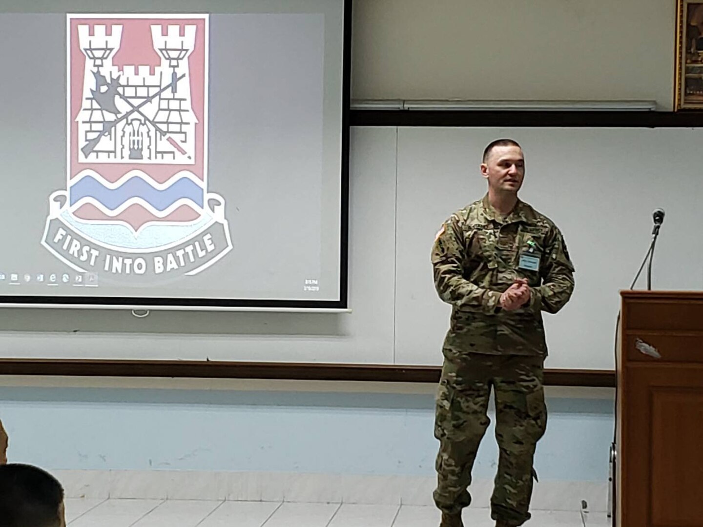 Maj. Mike Boitano, executive officer, 898th Brigade Engineer Battalion briefs the group at the Royal Thai Army Engineer School in Ratchaburi, Kingdom of Thailand on March 21, 2019.