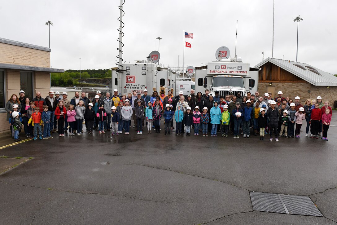 Participants of the U.S. Army Corps of Engineers Nashville District Bring Your Family to Work Day visit Old Hickory Dam on the Cumberland River in Old Hickory, Tenn., April 19, 2019. They learned about water management, water safety, emergency management, and toured the lock, dam and hydropower plant. (USACE photo by Lee Roberts)