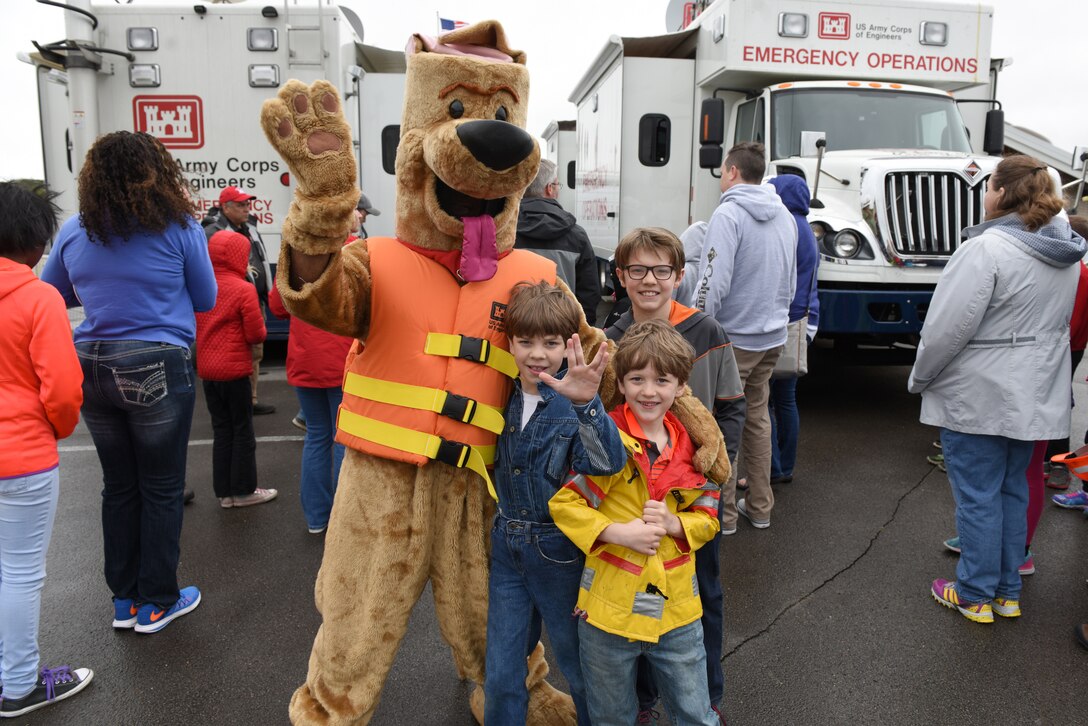 Bobber the Water Safety Dog set a good example wearing a life jacket during the U.S. Army Corps of Engineers Nashville District Bring Your Family to Work Day Old Hickory Dam on the Cumberland River in Old Hickory, Tenn., April 19, 2019.  (USACE photo by Lee Roberts)