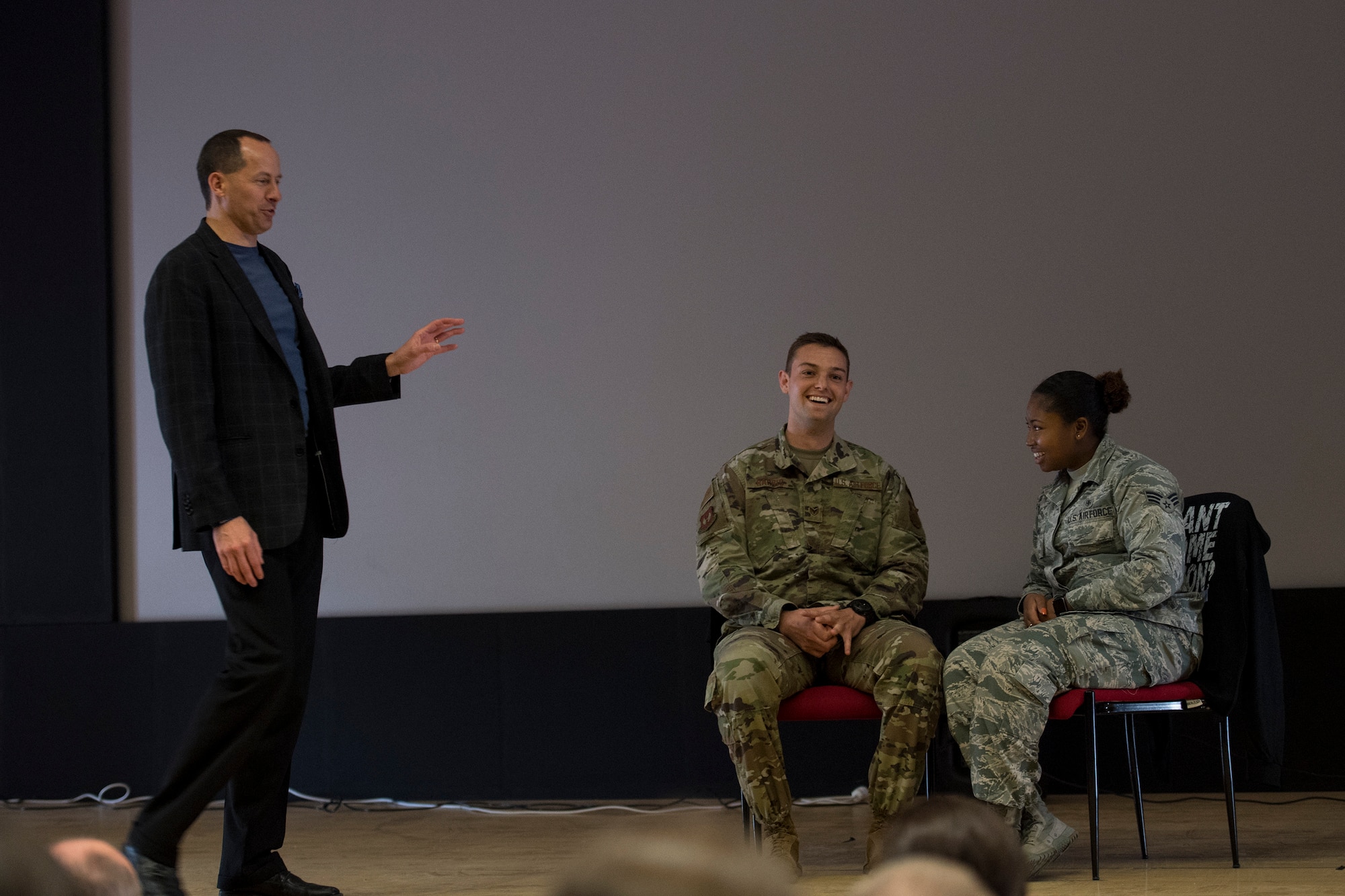 Mike Domitrz, Date Safe Project president, and two Airmen role play during a Sexual Assault Awareness and Prevention Month event April 15, 2019, at Incirlik Air Base, Turkey. The base held multiple awareness events throughout the month of April targeted educating Airmen on what to do instead of what not to do. (U.S. Air Force photo by Staff Sgt. Ceaira Tinsley)