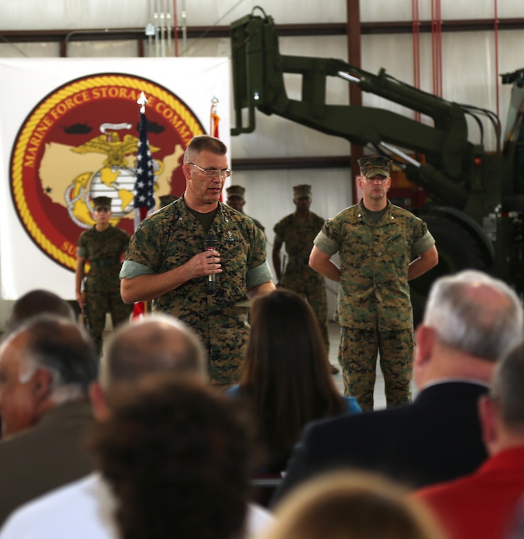 Col. Kipp Wahlgren, commanding officer, Marine Force Storage Command, addresses attendees observing MFSC’s activation ceremony held aboard Marine Corps Logistics Base Albany, Ga., April 11.