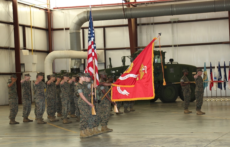 Marine Corps Logistics Command’s Color Guard presents the colors during Marine Force Storage Command’s activation ceremony held aboard Marine Corps Logistics Base Albany, Ga., April 11.