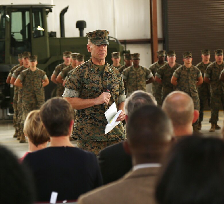 Brig. Gen. Joseph F. Shrader, commanding general, Marine Corps Logistics Command, addresses attendees observing MFSC’s activation ceremony held aboard Marine Corps Logistics Base Albany, Ga., April 11.